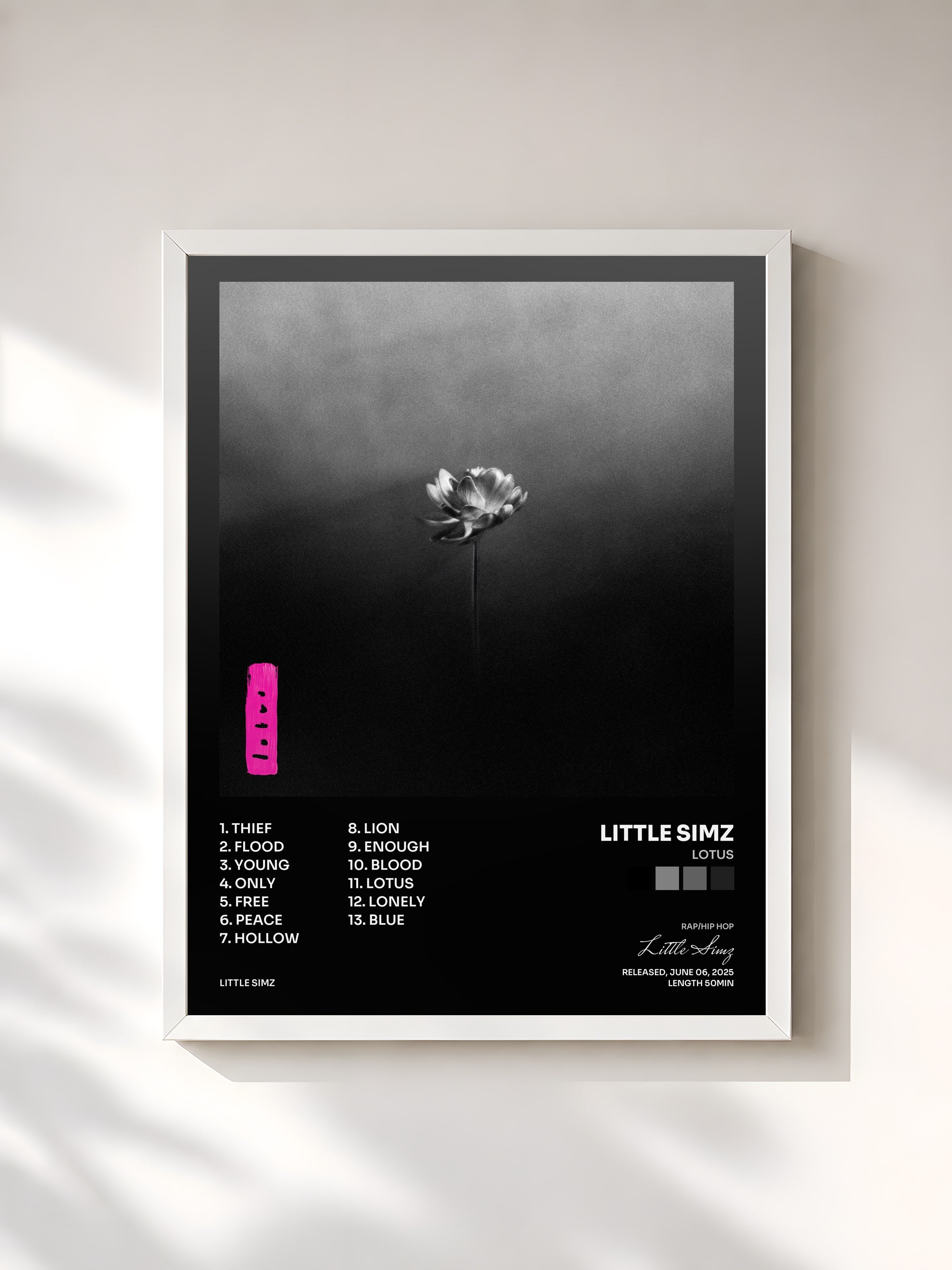 #blanc Tableau de l'album Lotus de Little Simz, cadre blanc, imprimé et encadré en France