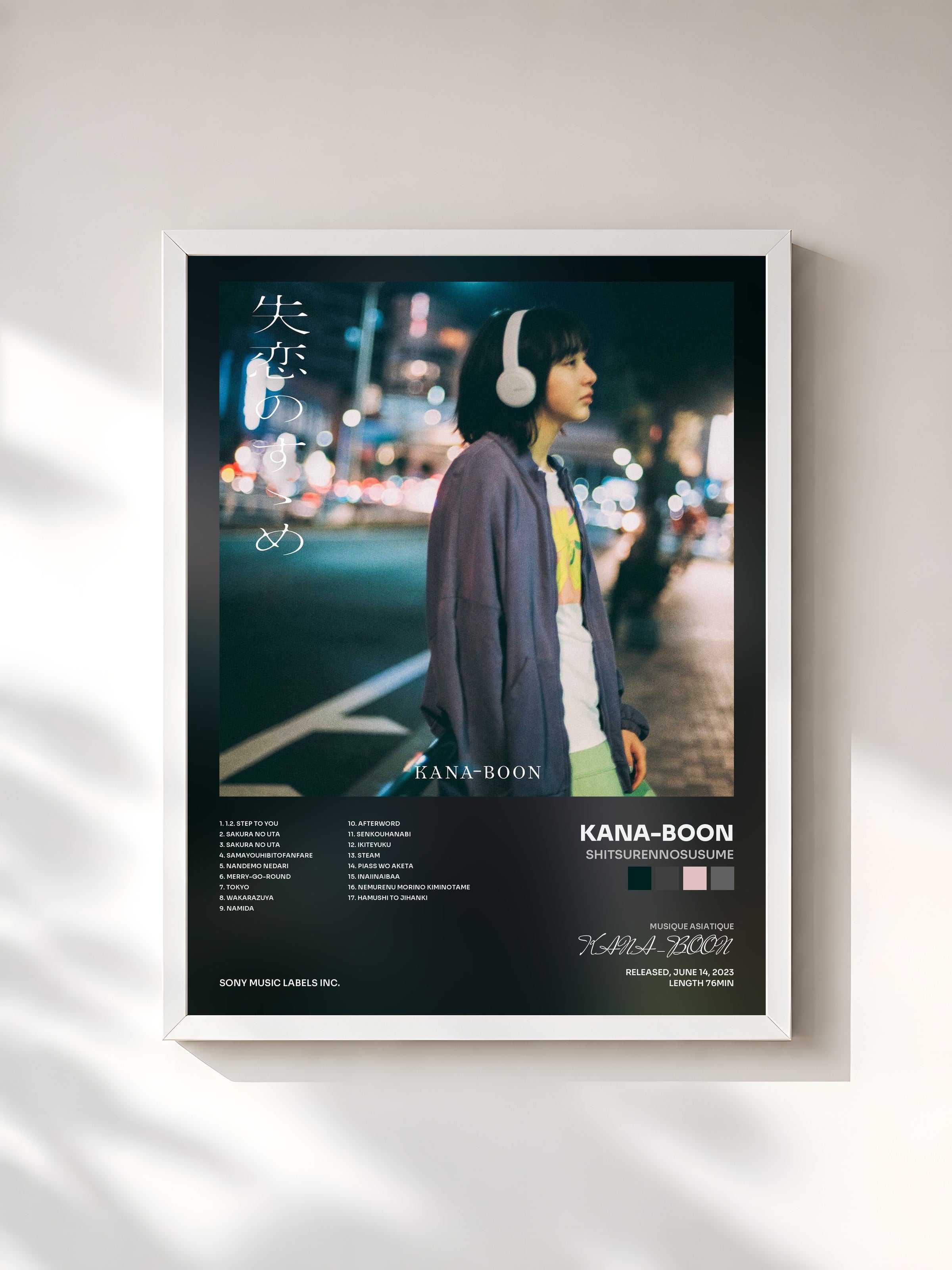 #blanc Tableau de l'album Shitsurennosusume de KANA-BOON, cadre blanc, imprimé et encadré en France