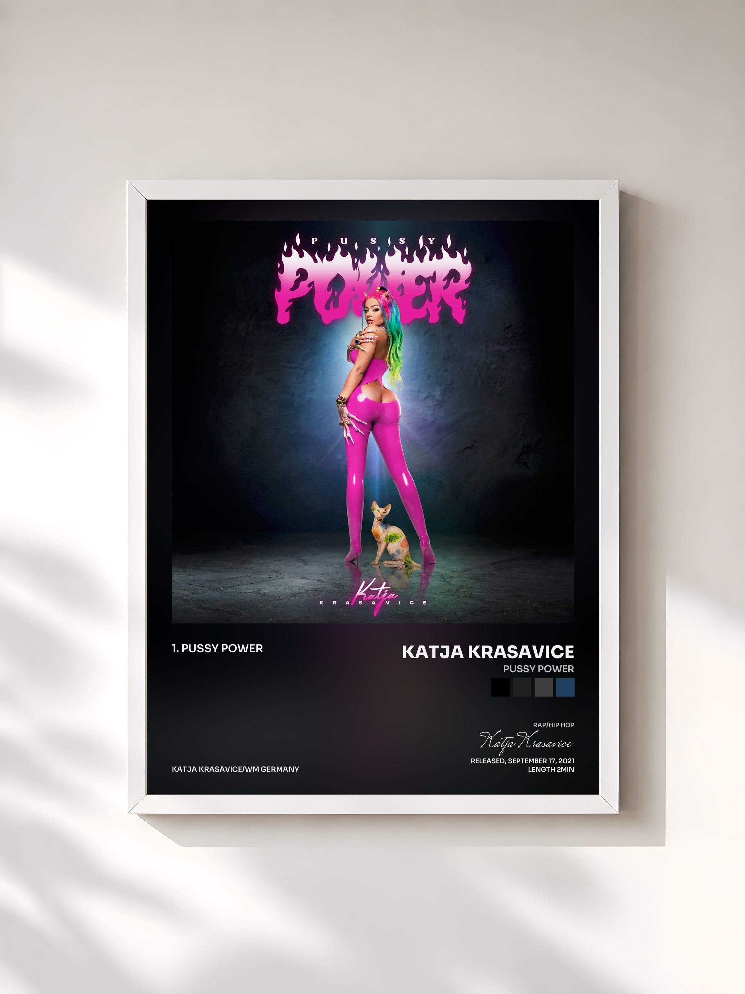 #blanc Tableau de l'album Pussy Power de Katja Krasavice, cadre blanc, imprimé et encadré en France