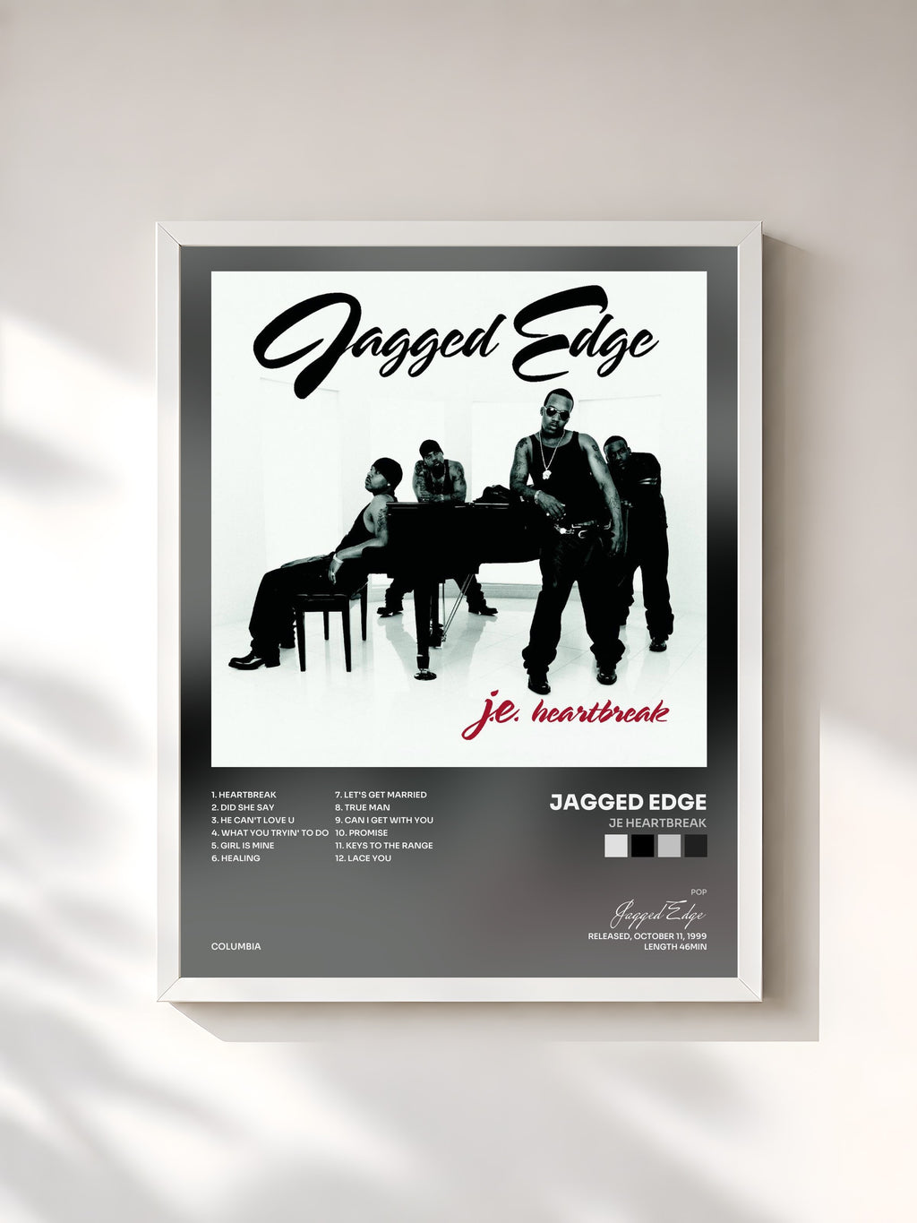 #blanc Tableau de l'album JE Heartbreak de Jagged Edge, cadre blanc, imprimé et encadré en France