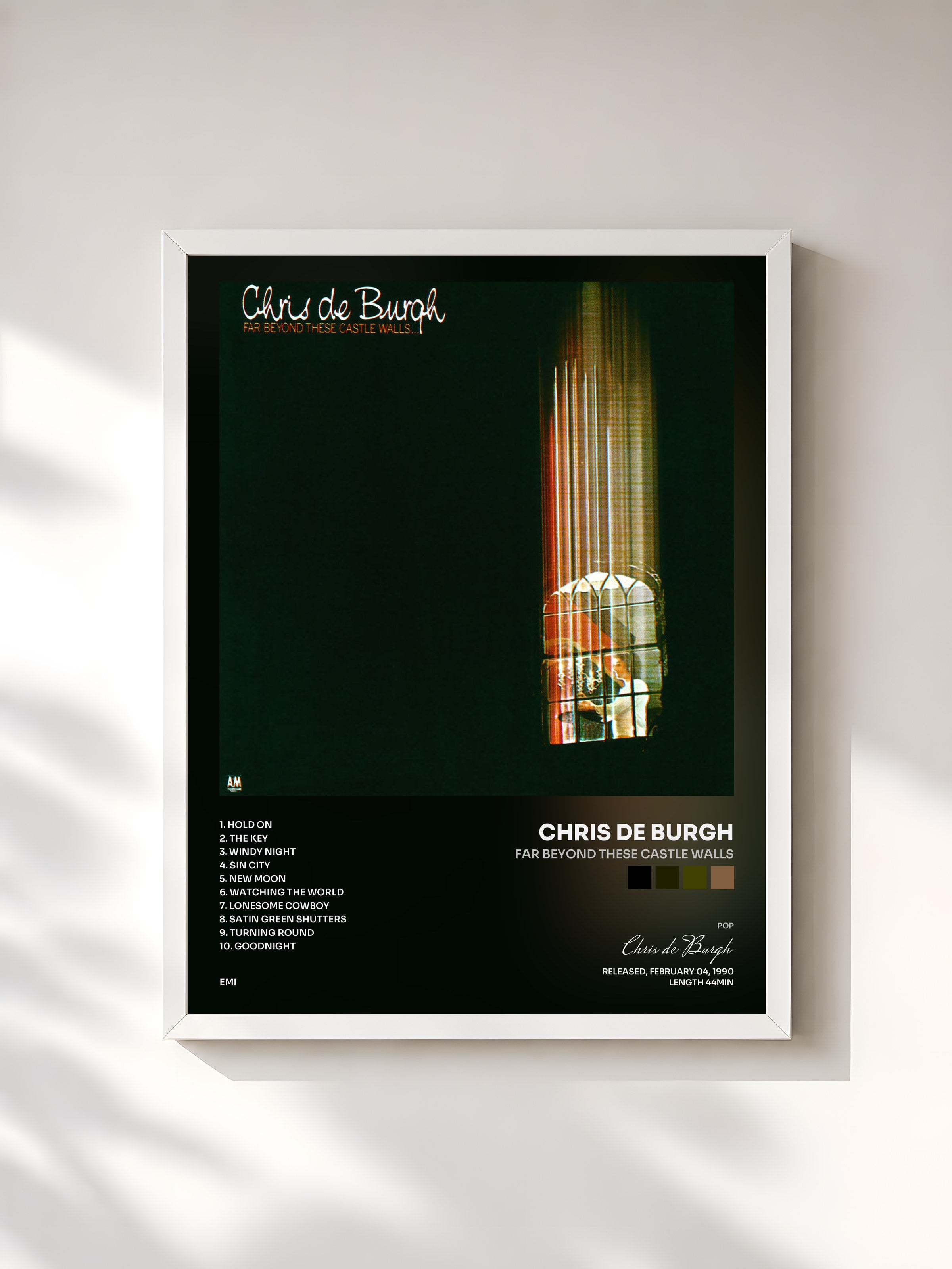 #blanc Tableau de l'album Far Beyond These Castle Walls de Chris de Burgh, cadre blanc, imprimé et encadré en France