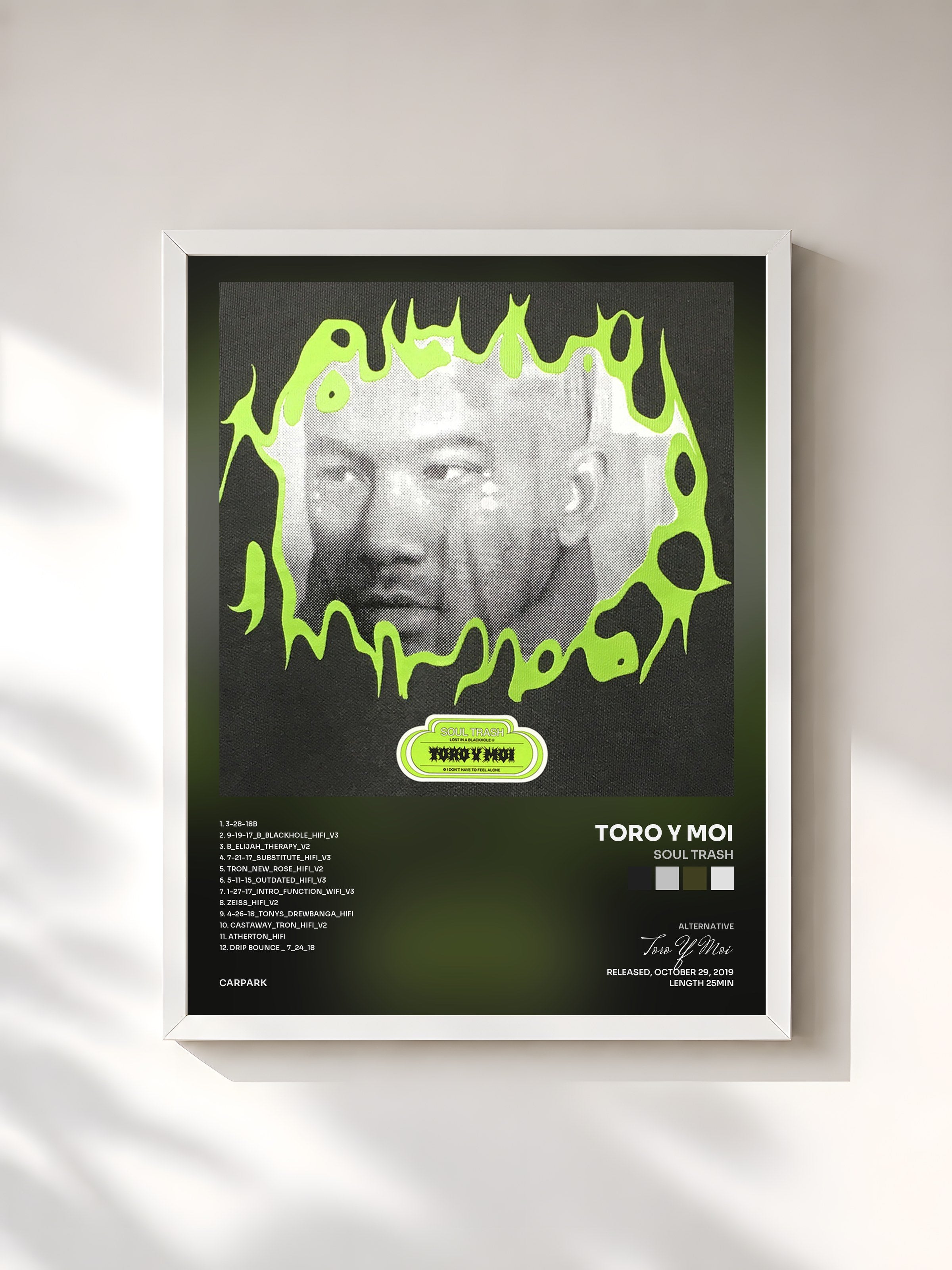 #blanc Tableau de l'album Soul Trash de Toro Y Moi, cadre blanc, imprimé et encadré en France