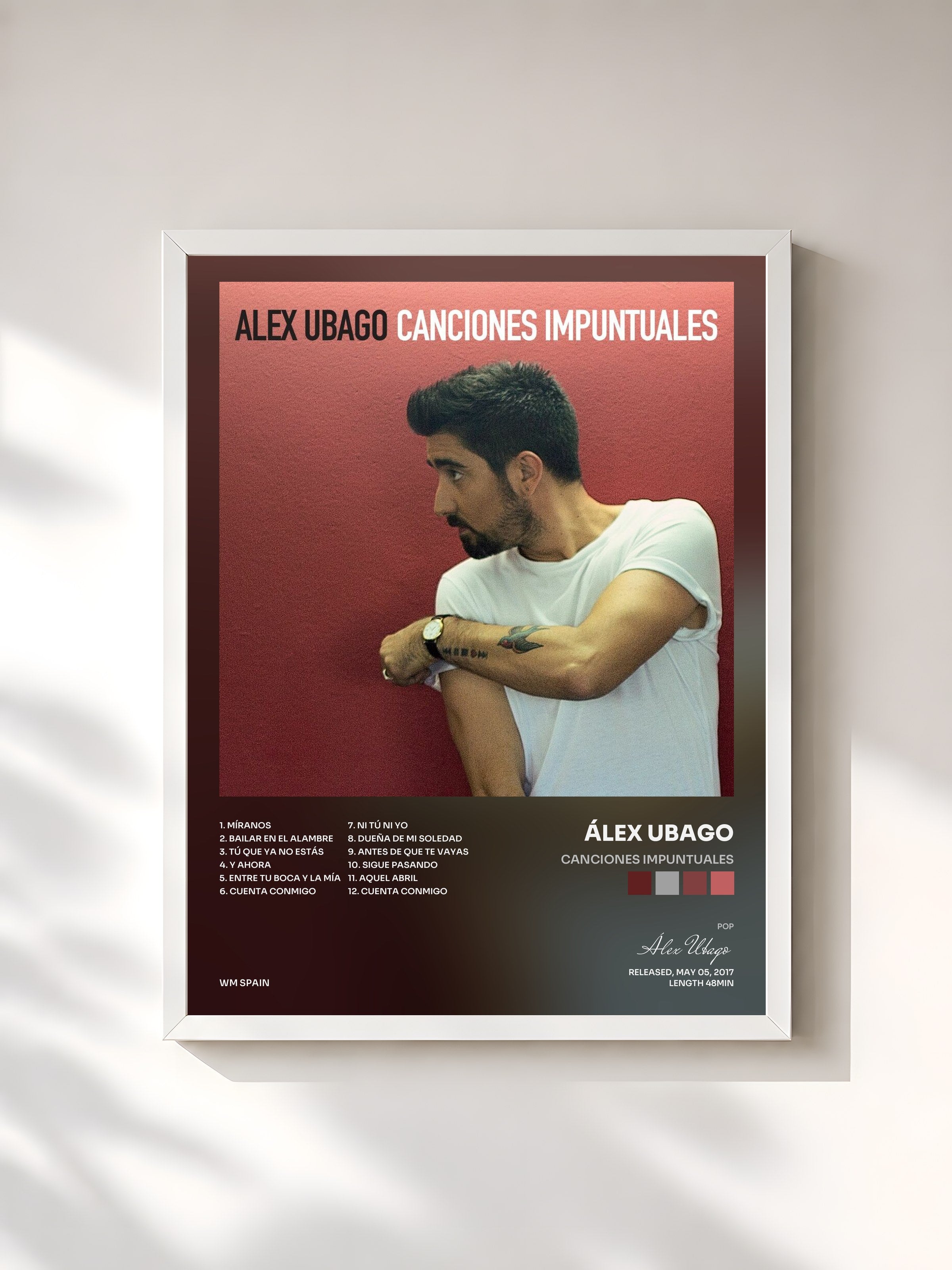 #blanc Tableau de l'album Canciones impuntuales de Álex Ubago, cadre blanc, imprimé et encadré en France