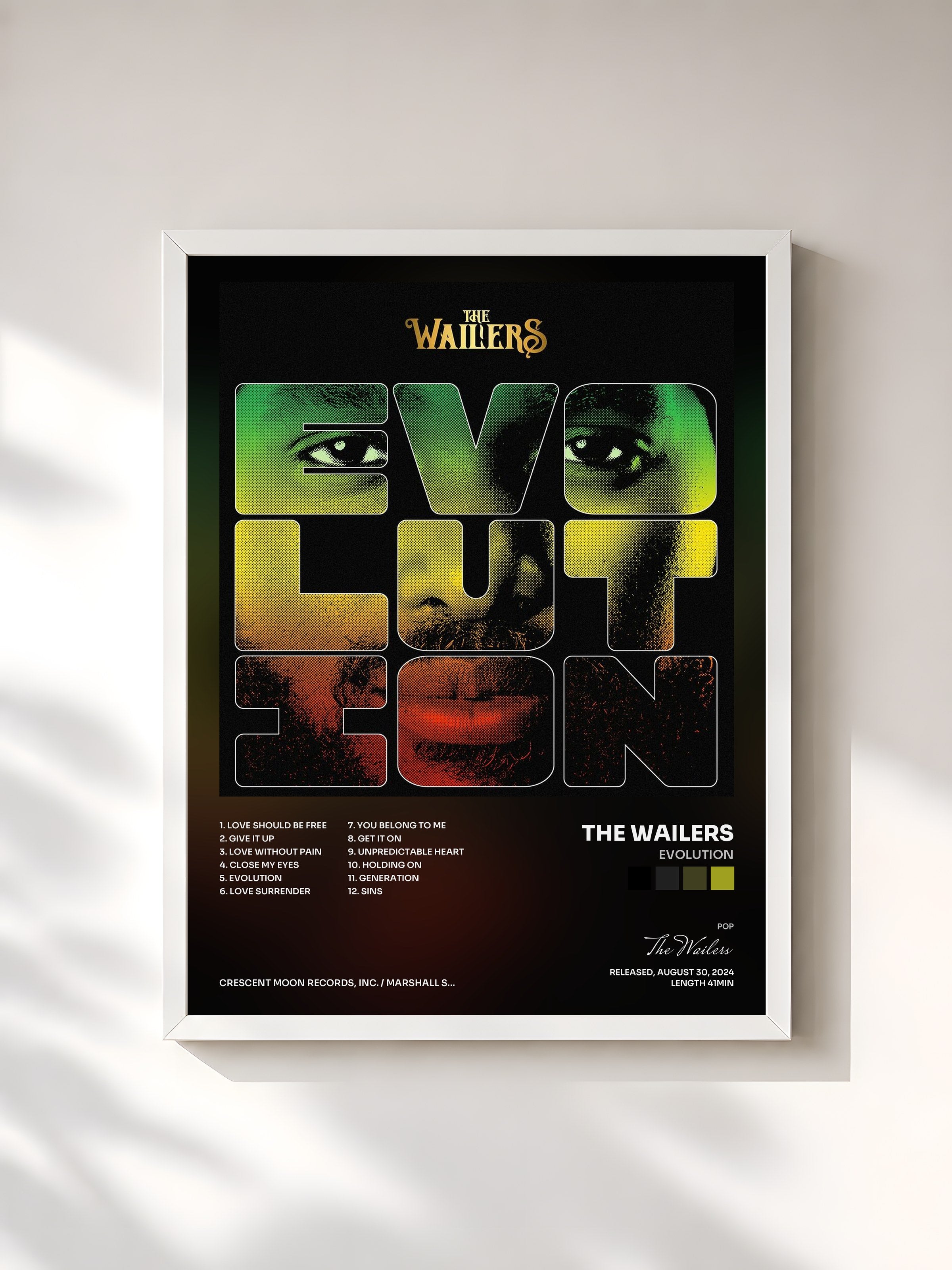 #blanc Tableau de l'album Evolution de The Wailers, cadre blanc, imprimé et encadré en France