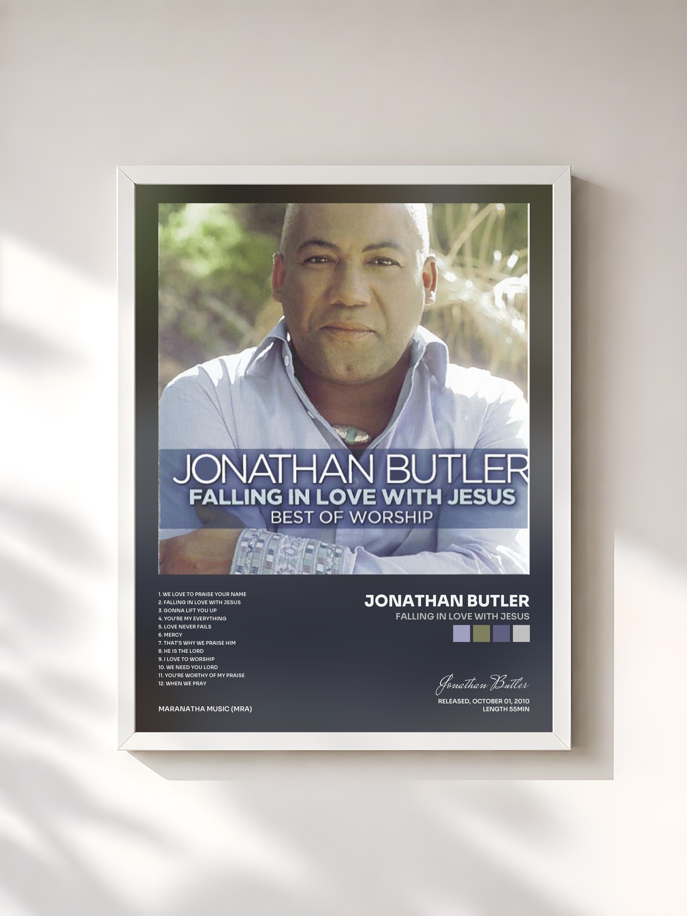 #blanc Tableau de l'album Falling In Love With Jesus de Jonathan Butler, cadre blanc, imprimé et encadré en France