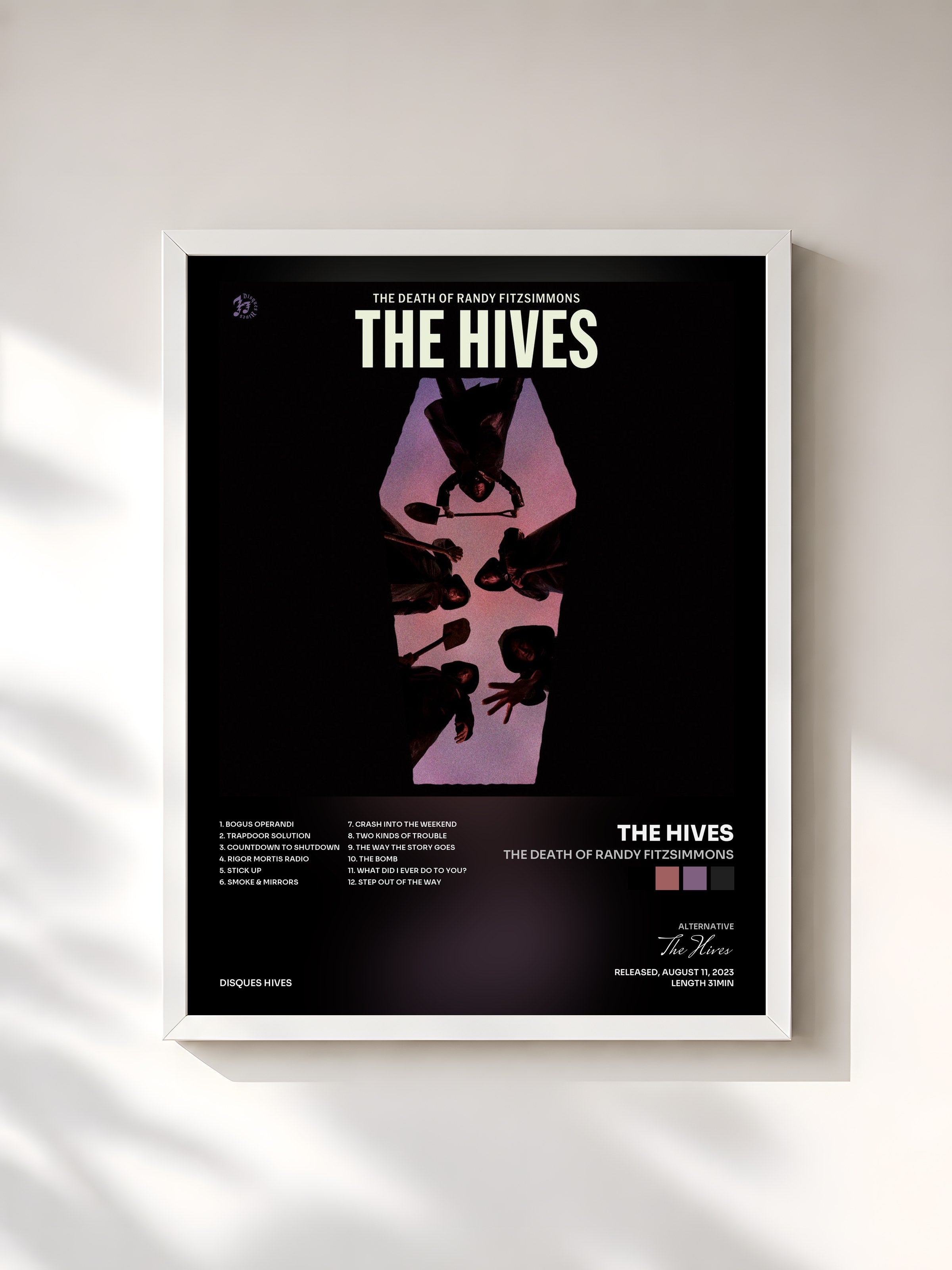 #blanc Tableau de l'album The Death Of Randy Fitzsimmons de The Hives, cadre blanc, imprimé et encadré en France