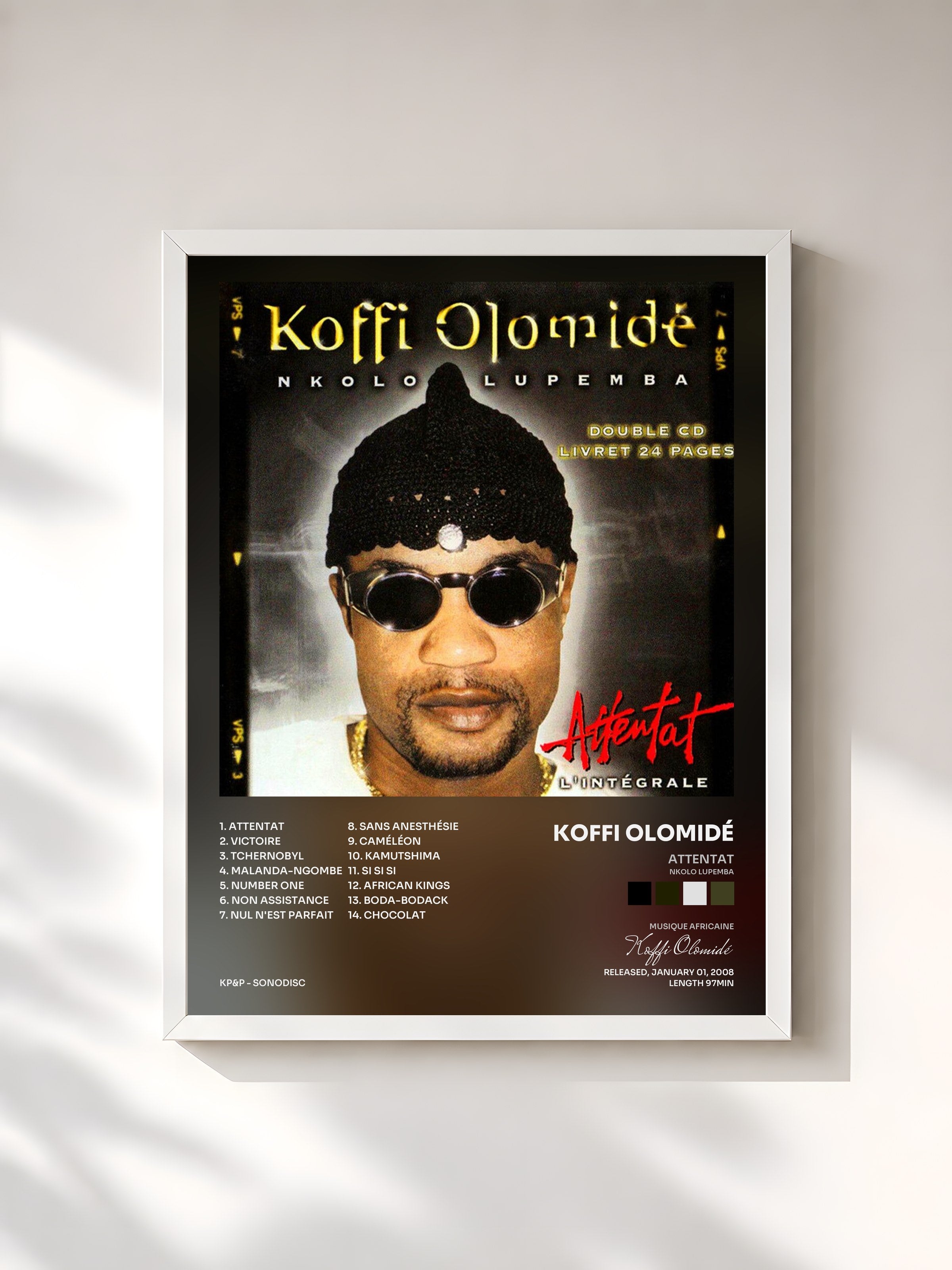 #blanc Tableau de l'album Attentat (Nkolo Lupemba) [L'intégrale] de Koffi Olomidé, cadre blanc, imprimé et encadré en France