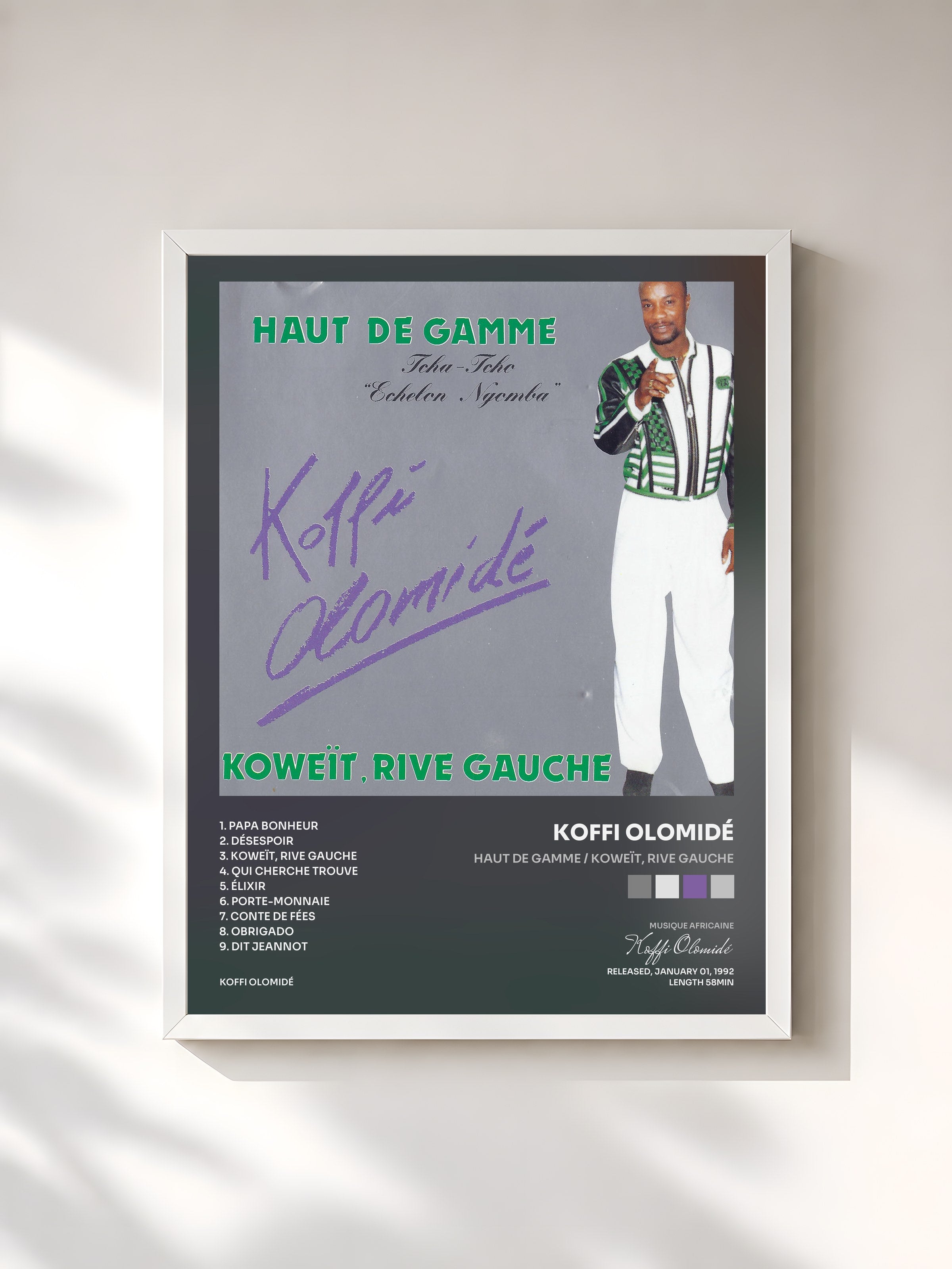 #blanc Tableau de l'album Haut de gamme / Koweït, rive gauche de Koffi Olomidé, cadre blanc, imprimé et encadré en France