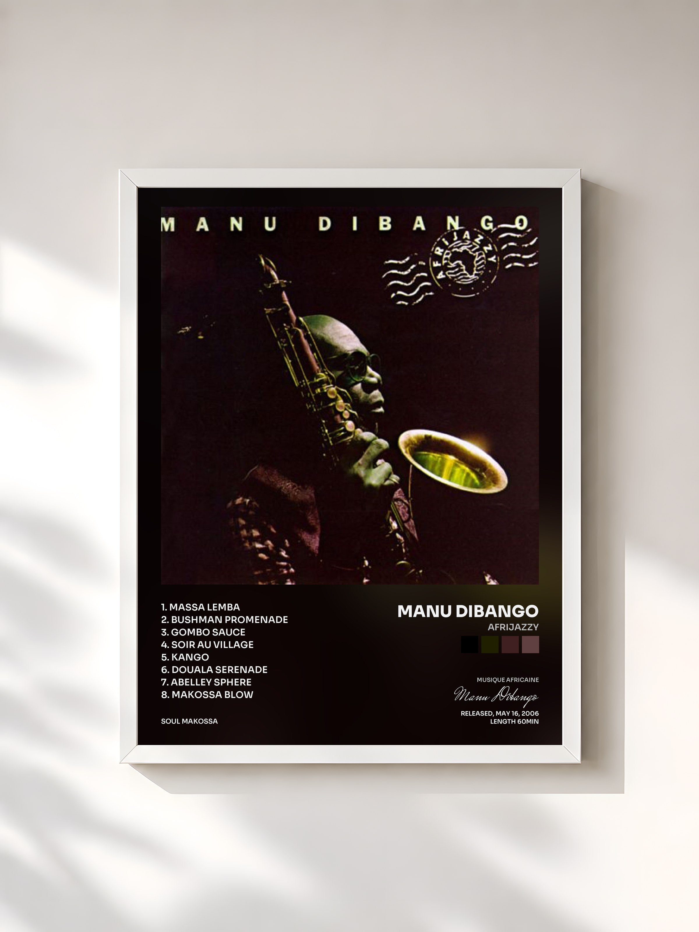 #blanc Tableau de l'album Afrijazzy de Manu Dibango, cadre blanc, imprimé et encadré en France