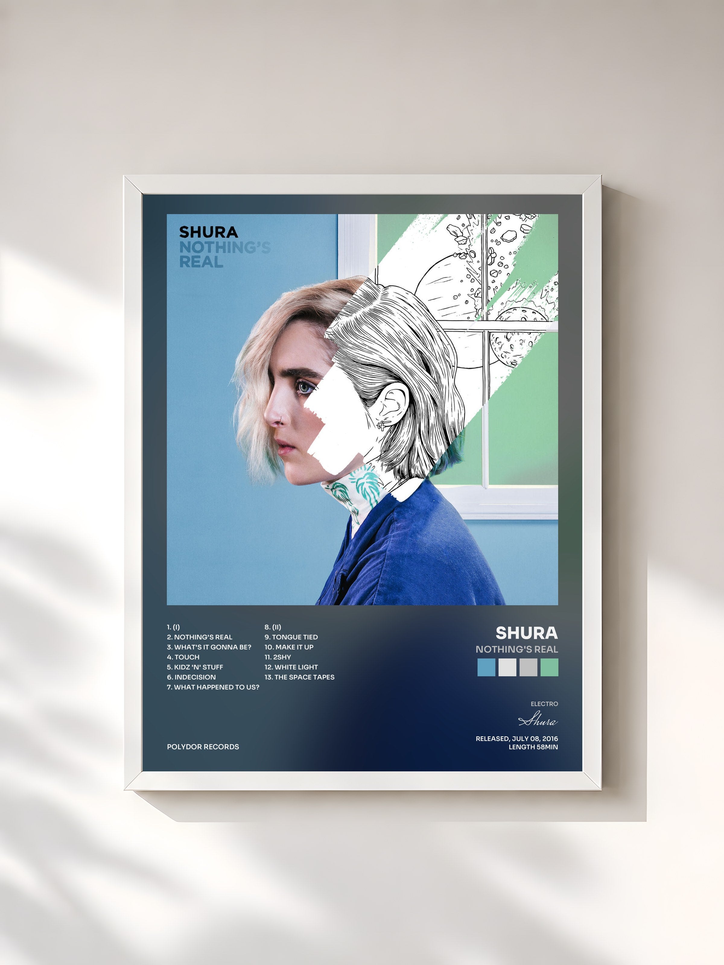 #blanc Tableau de l'album Nothing's Real de Shura, cadre blanc, imprimé et encadré en France