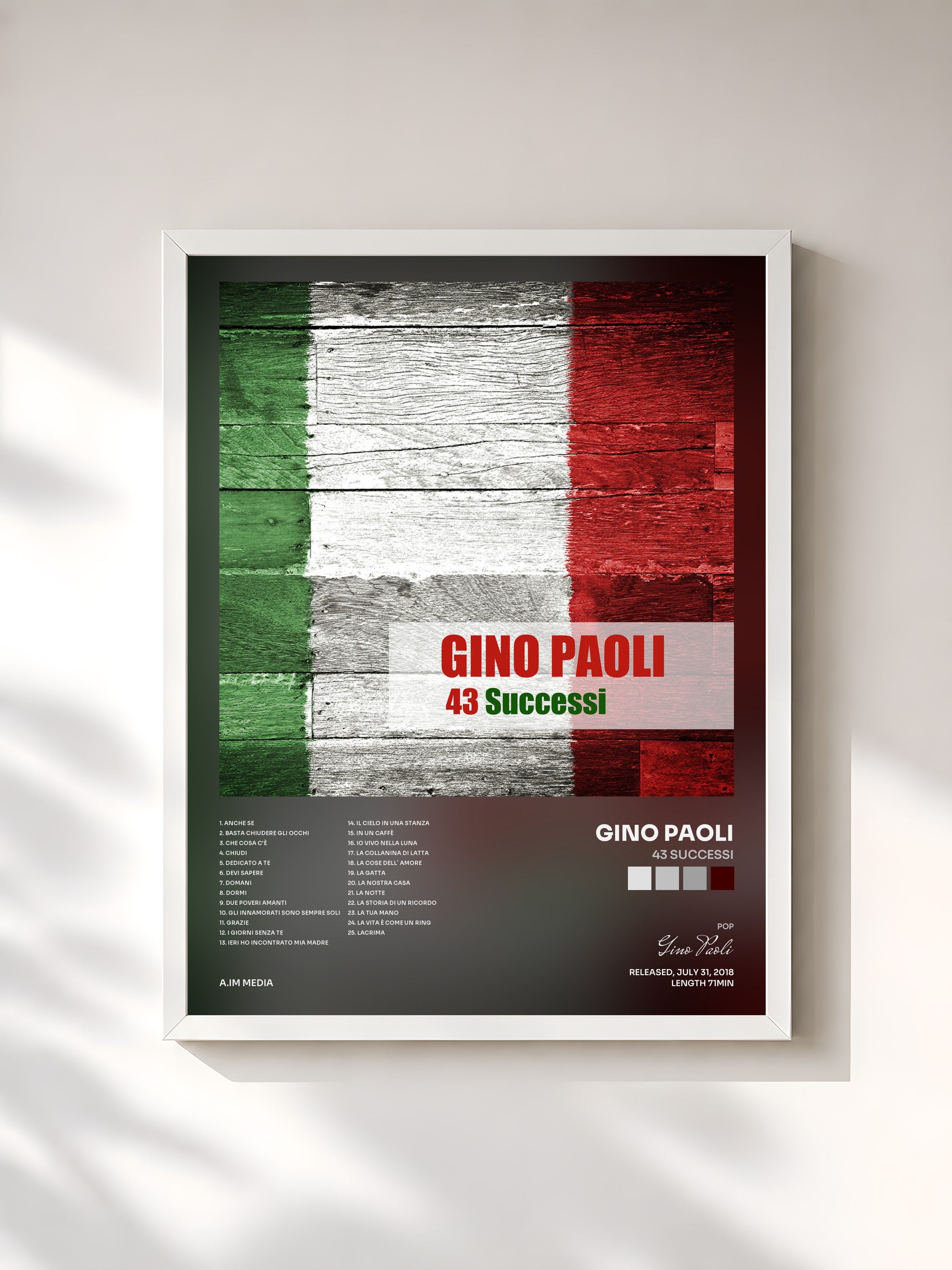 #blanc Tableau de l'album 43 Successi de Gino Paoli, cadre blanc, imprimé et encadré en France