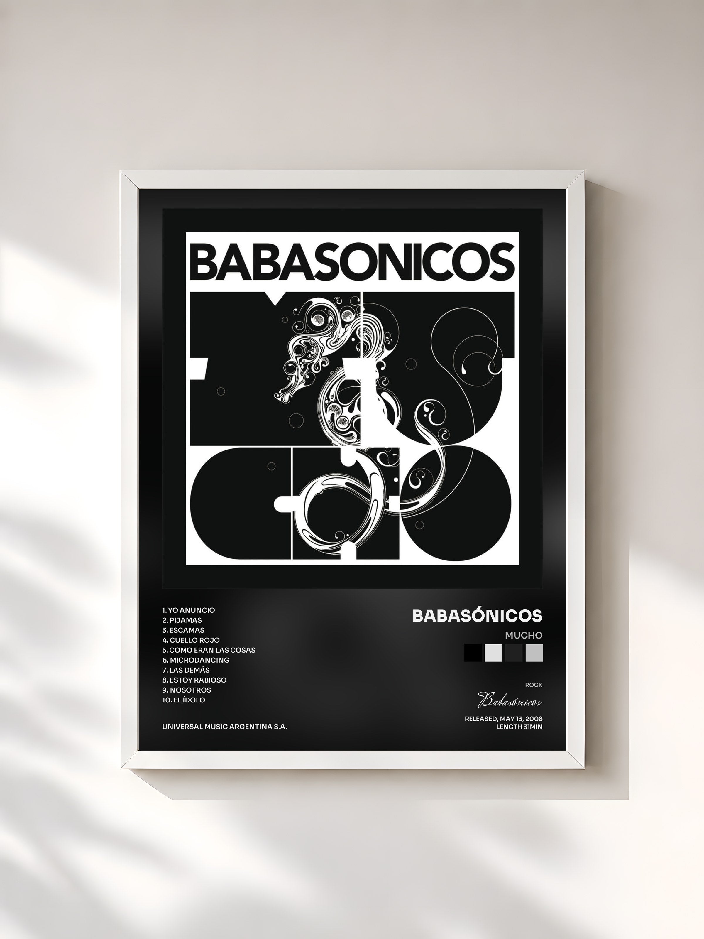 #blanc Tableau de l'album Mucho de Babasónicos, cadre blanc, imprimé et encadré en France