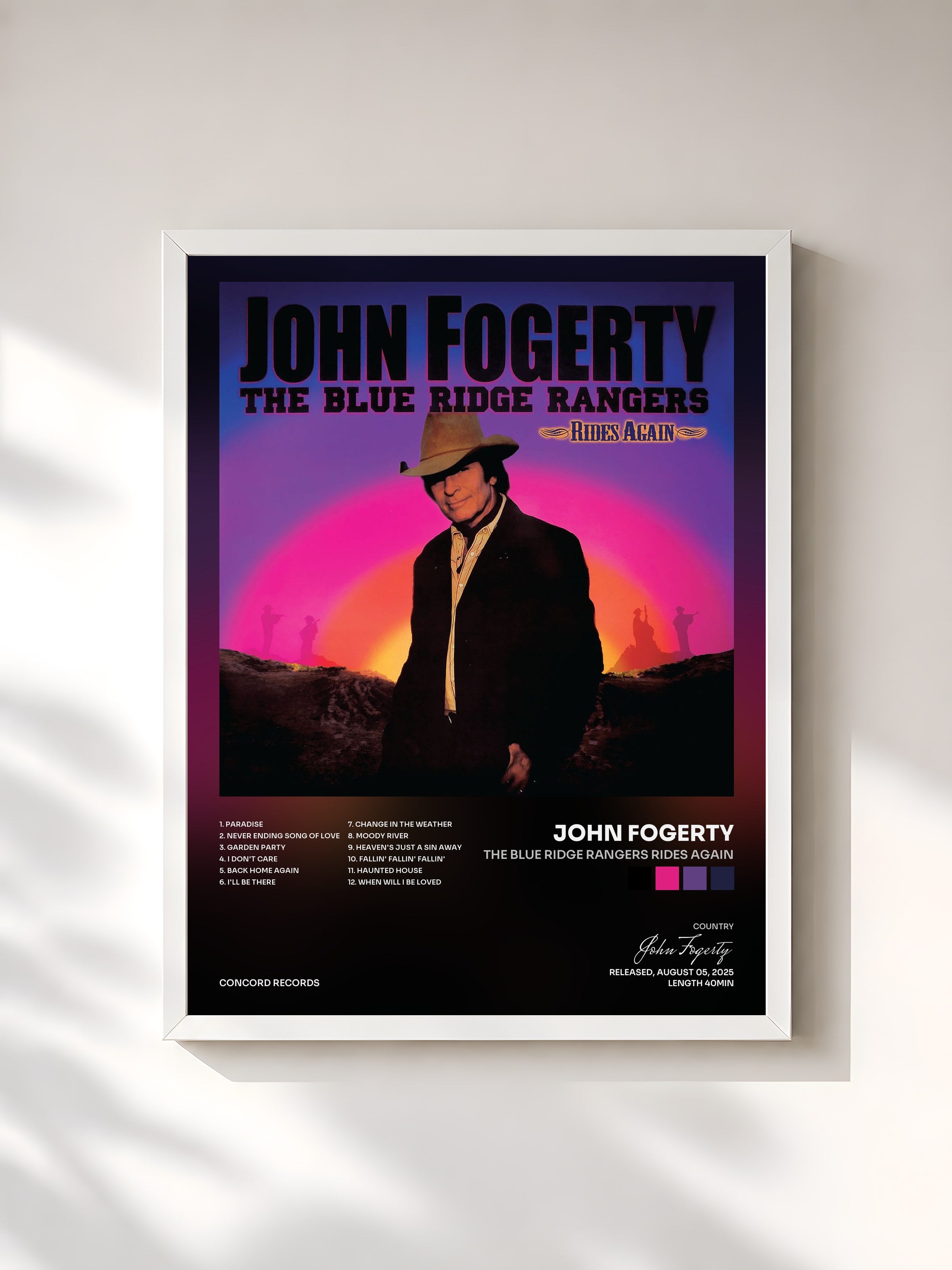 #blanc Tableau de l'album The Blue Ridge Rangers Rides Again de John Fogerty, cadre blanc, imprimé et encadré en France
