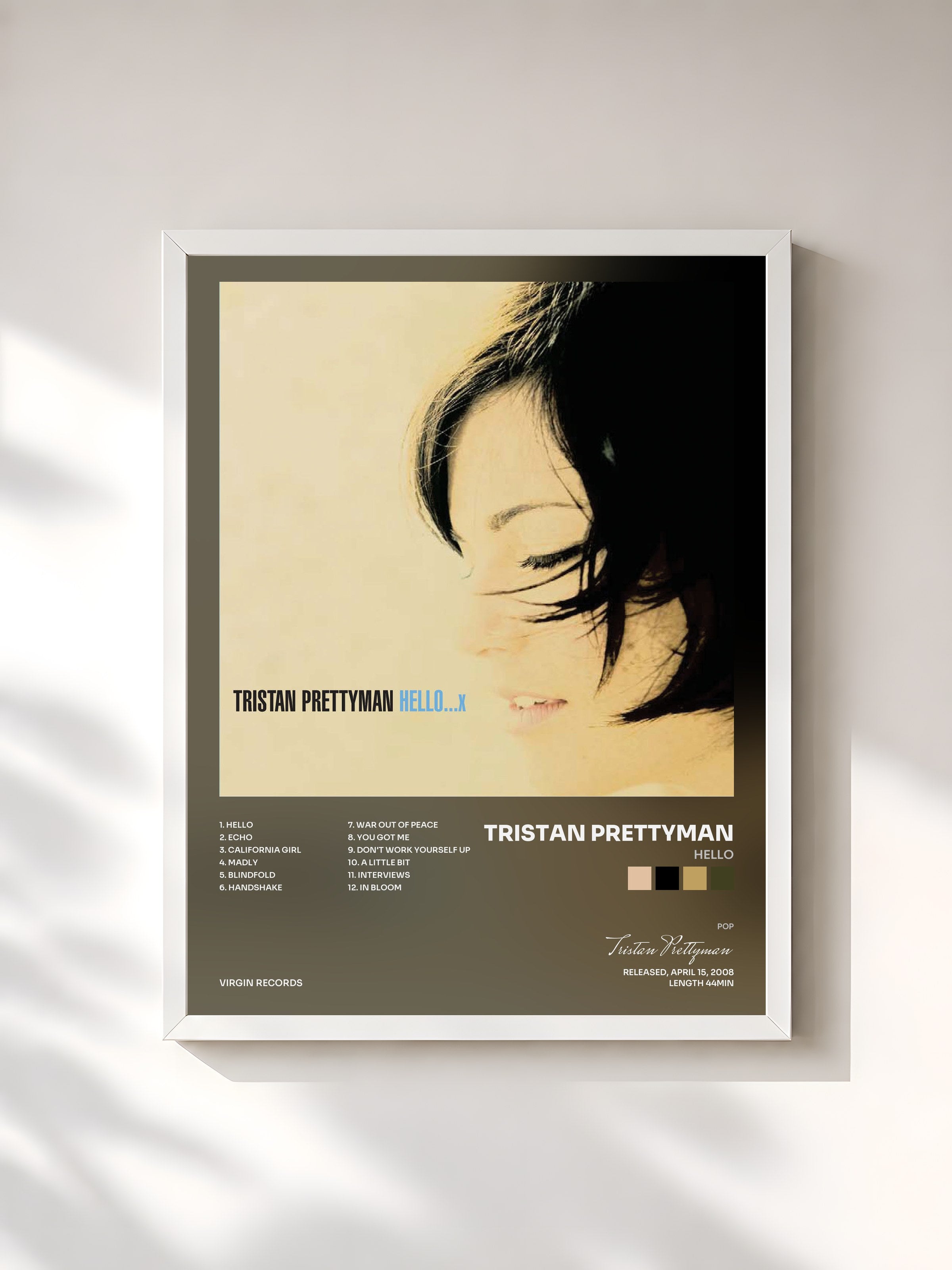 #blanc Tableau de l'album Hello de Tristan Prettyman, cadre blanc, imprimé et encadré en France
