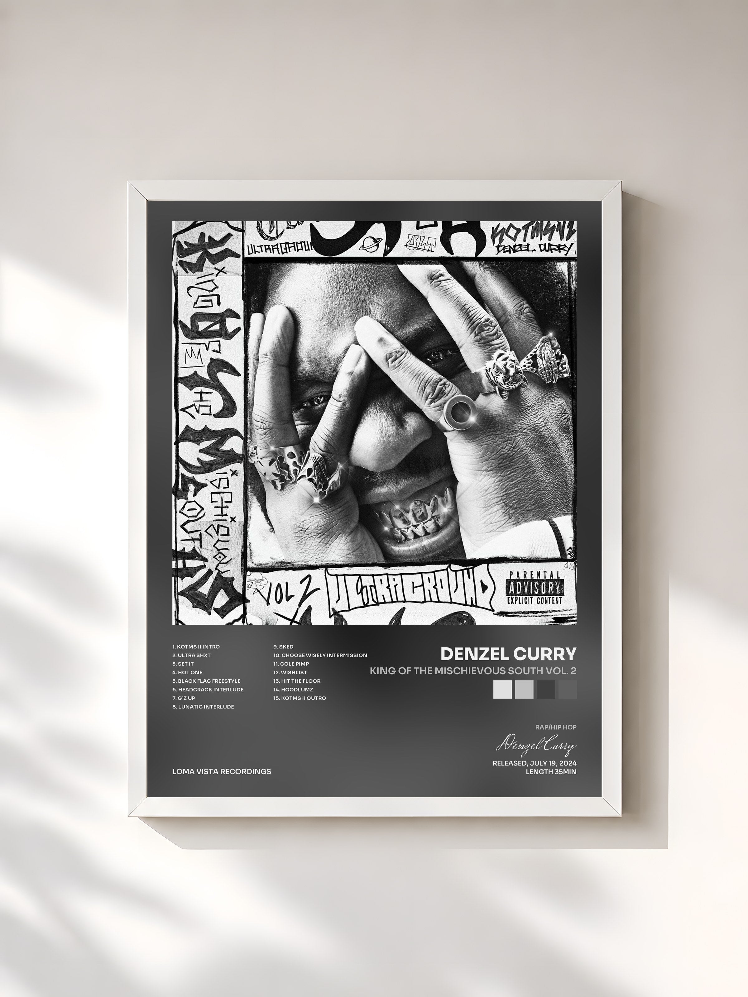 #blanc Tableau de l'album King Of The Mischievous South Vol. 2 de Denzel Curry, cadre blanc, imprimé et encadré en France