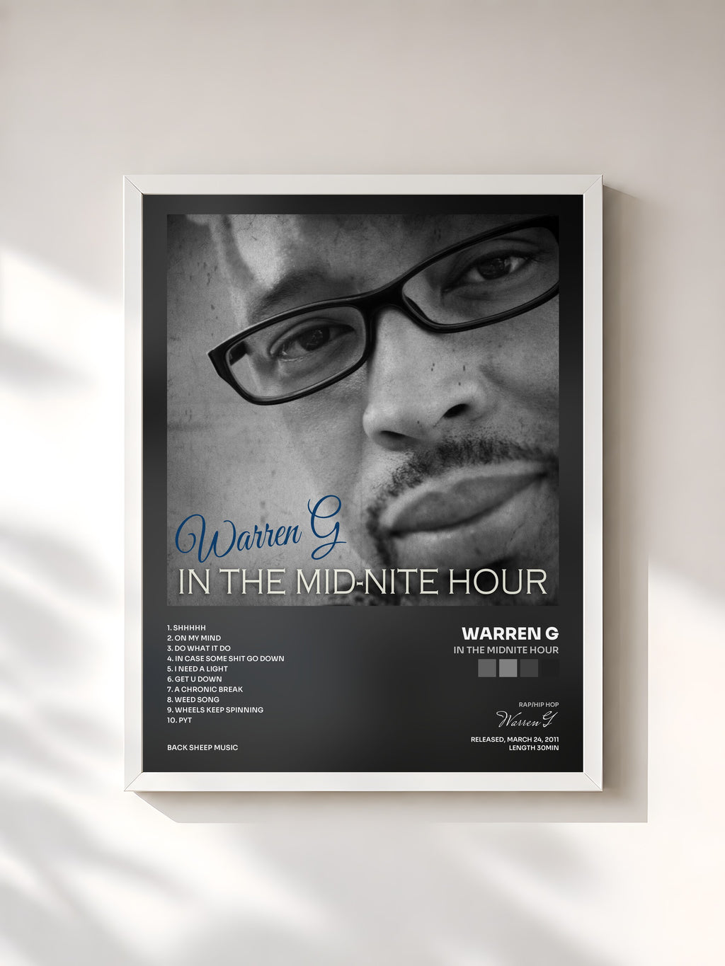 #blanc Tableau de l'album In the Midnite Hour de Warren G, cadre blanc, imprimé et encadré en France