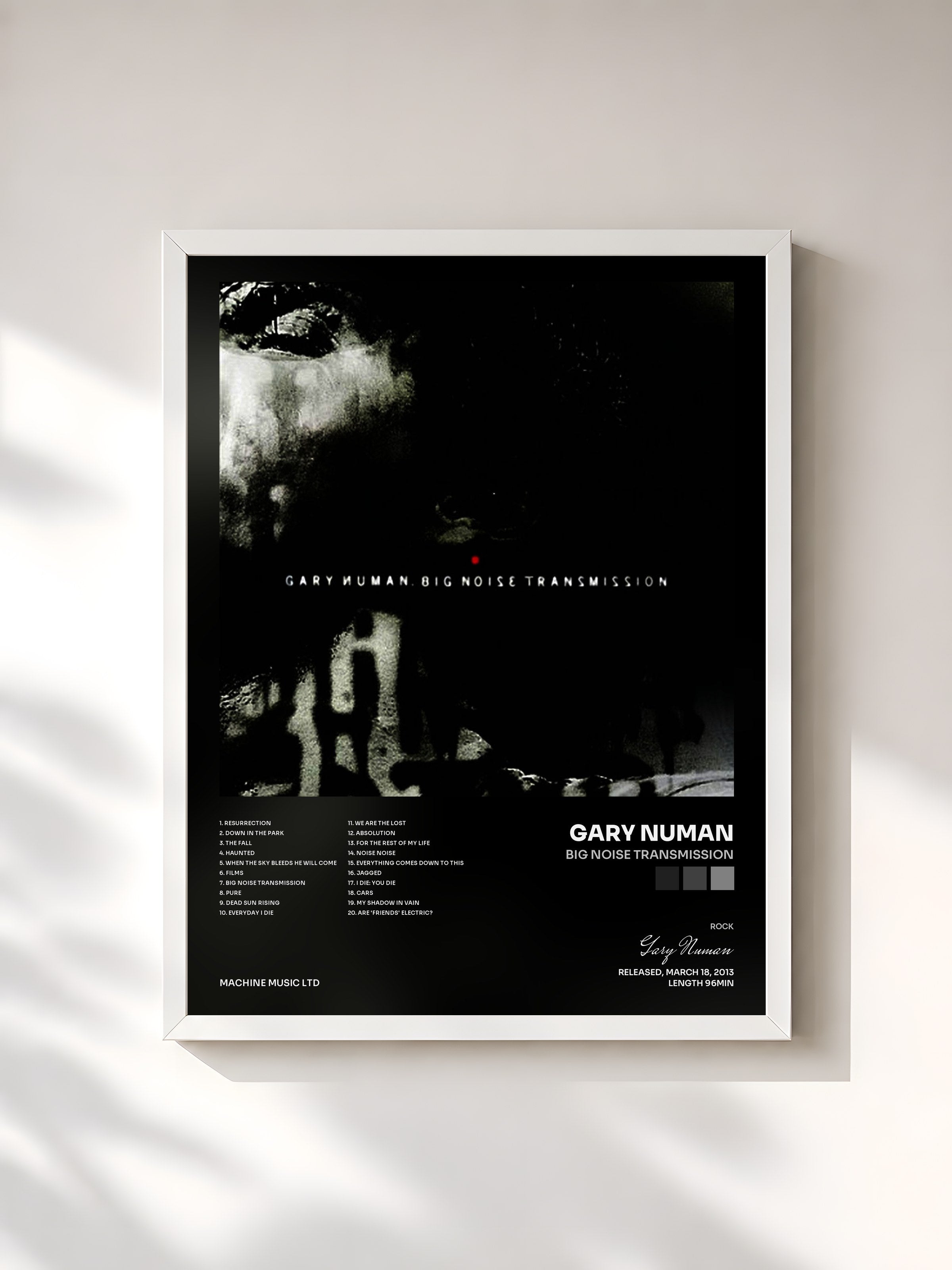 #blanc Tableau de l'album Big Noise Transmission de Gary Numan, cadre blanc, imprimé et encadré en France