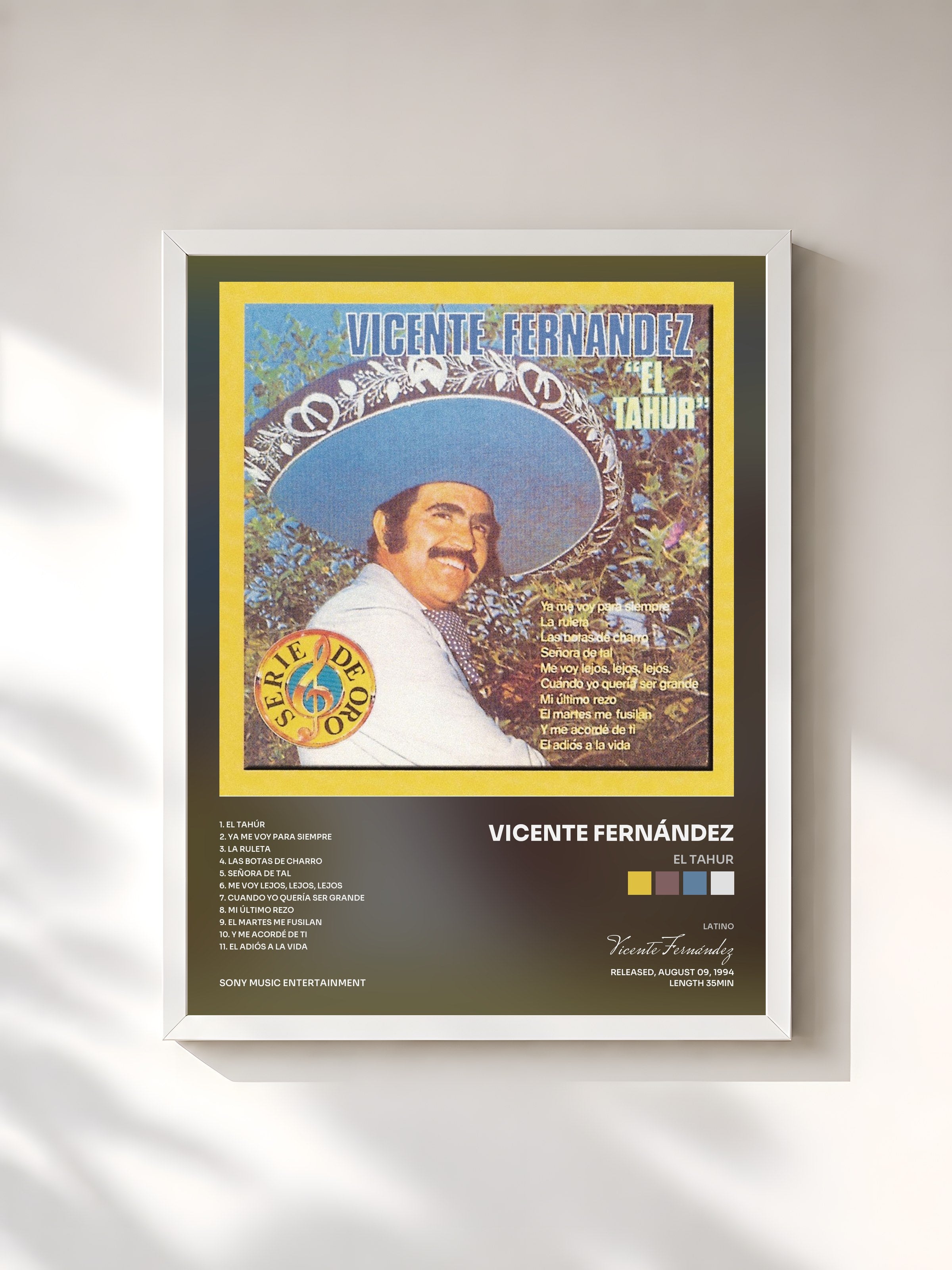 #blanc Tableau de l'album El Tahur de Vicente Fernández, cadre blanc, imprimé et encadré en France
