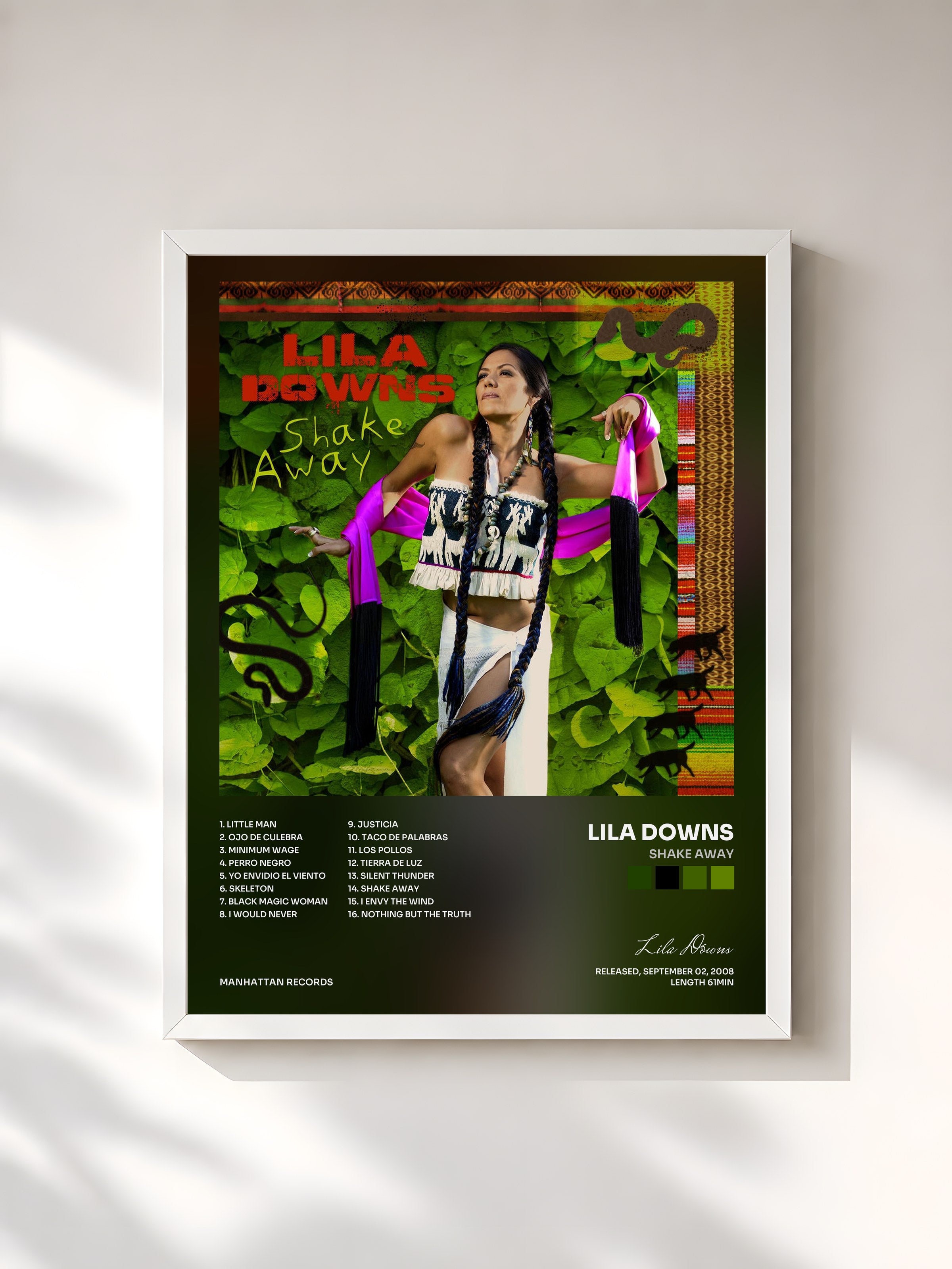 #blanc Tableau de l'album Shake Away de Lila Downs, cadre blanc, imprimé et encadré en France