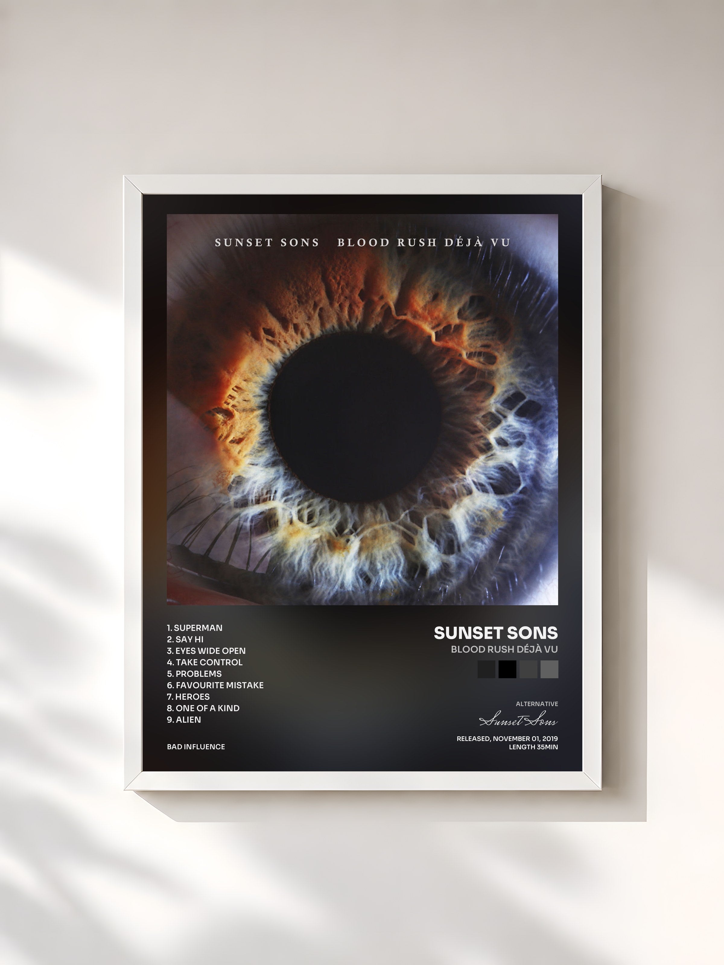 #blanc Tableau de l'album Blood Rush Déjà Vu de Sunset Sons, cadre blanc, imprimé et encadré en France