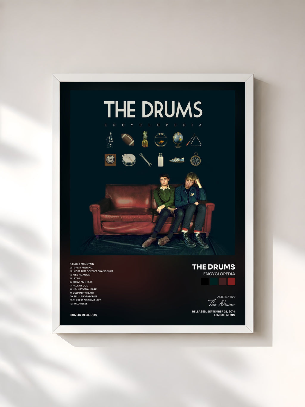 #blanc Tableau de l'album Encyclopedia de The Drums, cadre blanc, imprimé et encadré en France