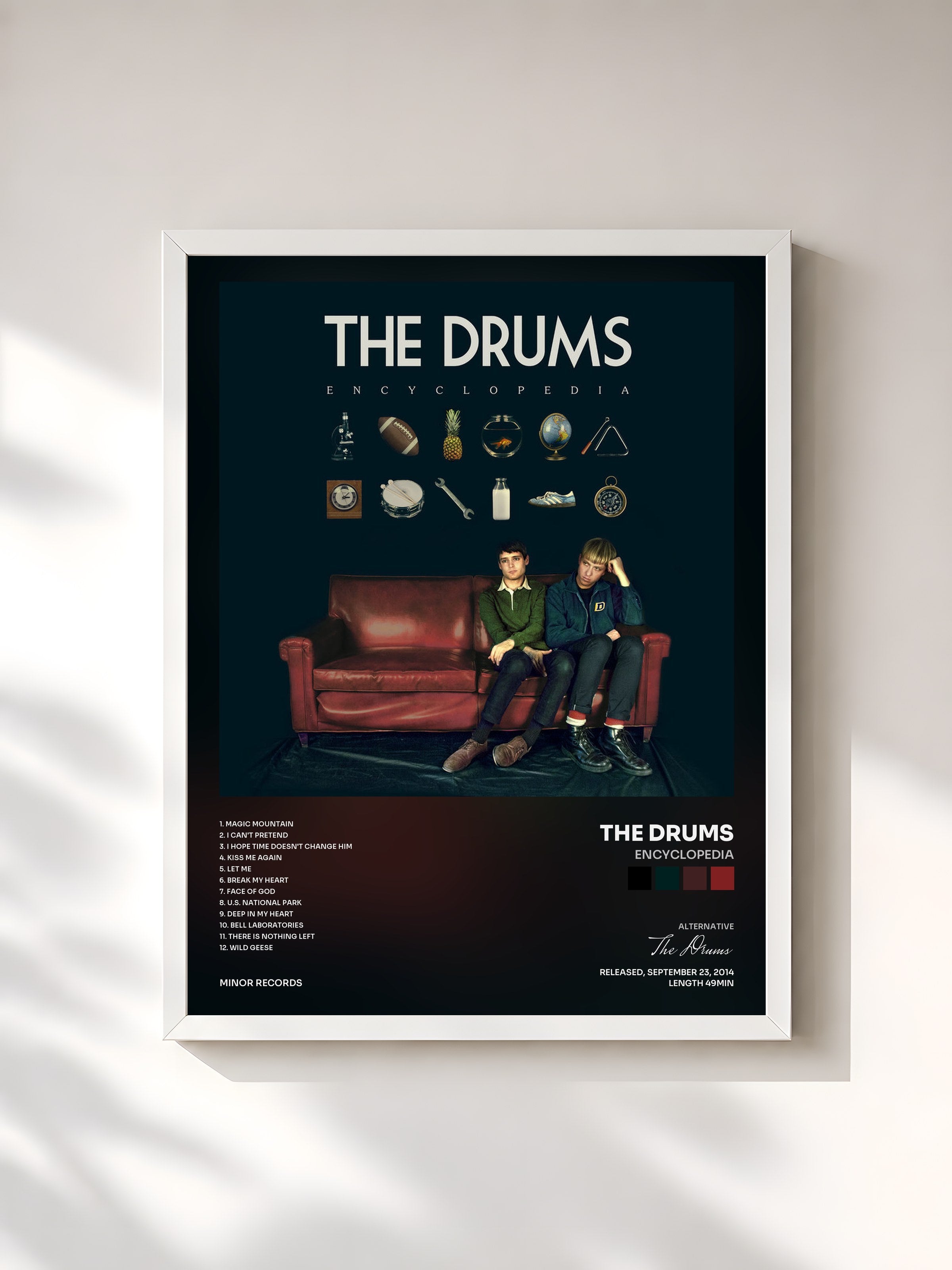#blanc Tableau de l'album Encyclopedia de The Drums, cadre blanc, imprimé et encadré en France