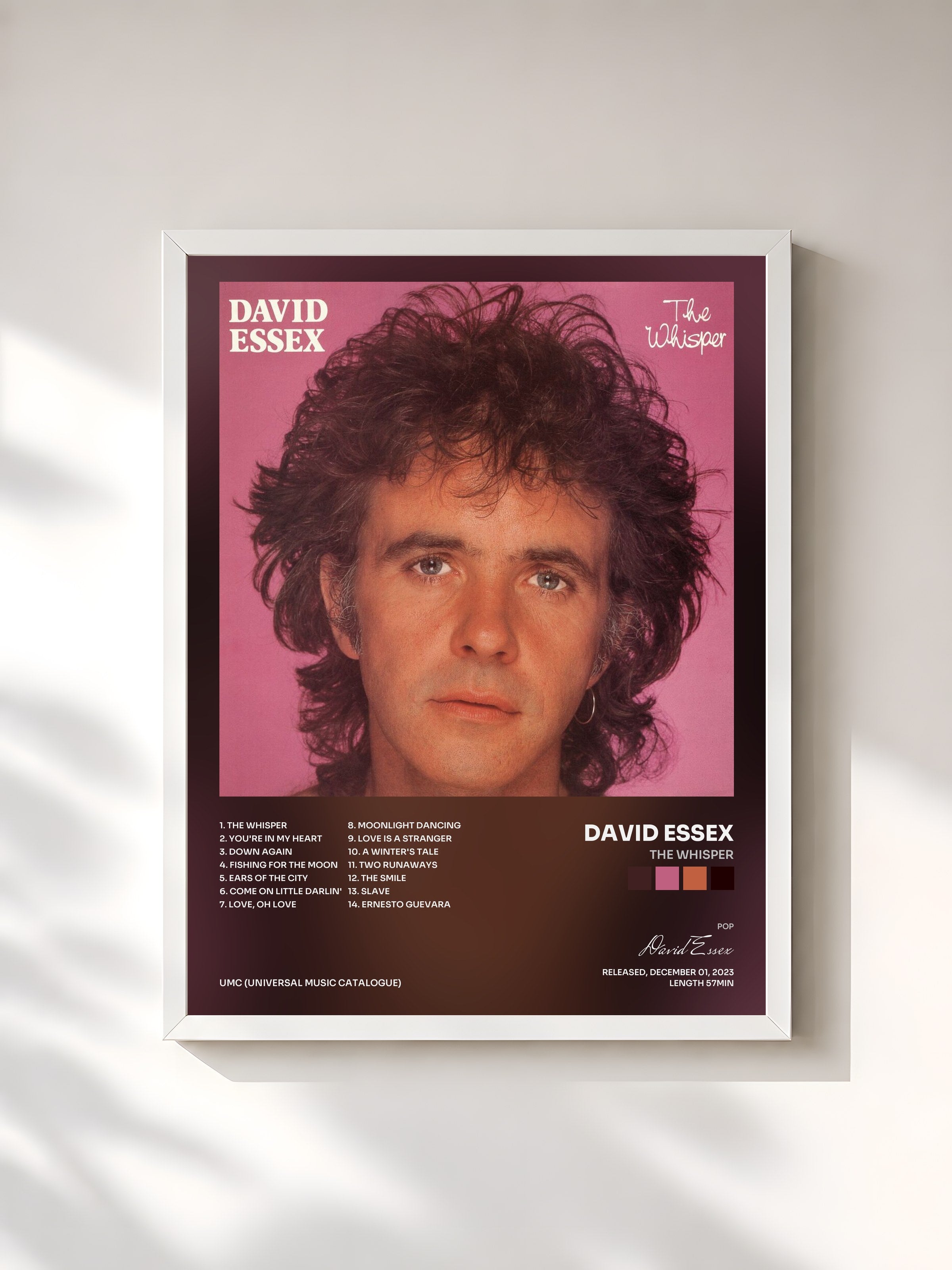 #blanc Tableau de l'album The Whisper de David Essex, cadre blanc, imprimé et encadré en France
