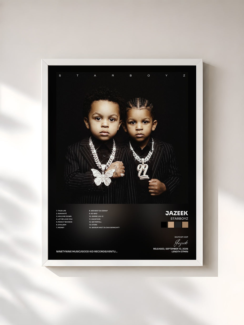 #blanc Tableau de l'album STARBOYZ de Jazeek, cadre blanc, imprimé et encadré en France