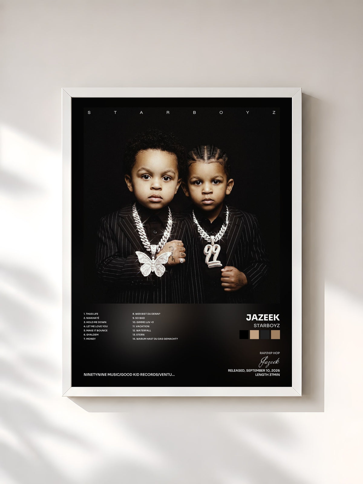 #blanc Tableau de l'album STARBOYZ de Jazeek, cadre blanc, imprimé et encadré en France
