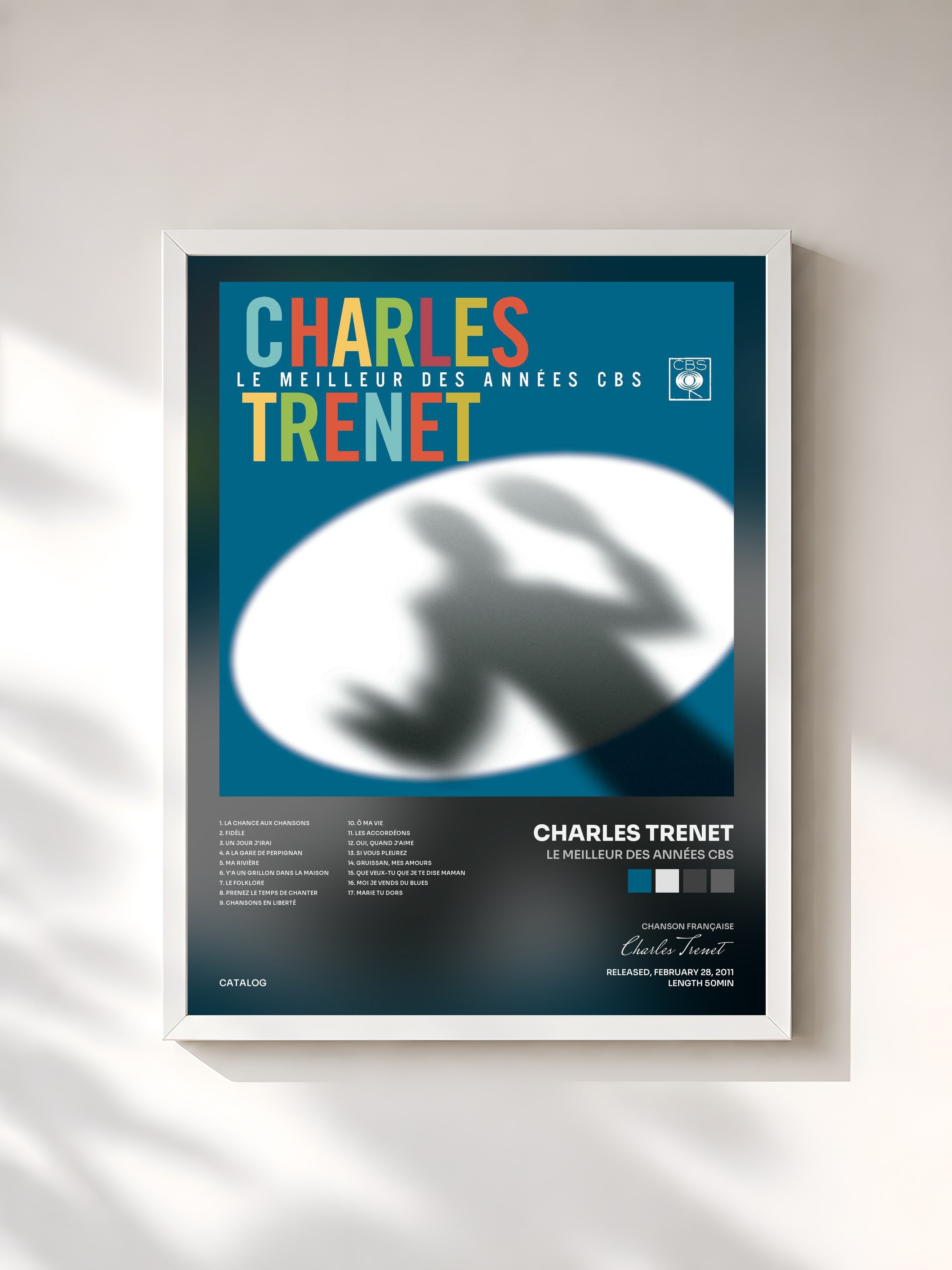 #blanc Tableau de l'album Le meilleur des années CBS de Charles Trenet, cadre blanc, imprimé et encadré en France