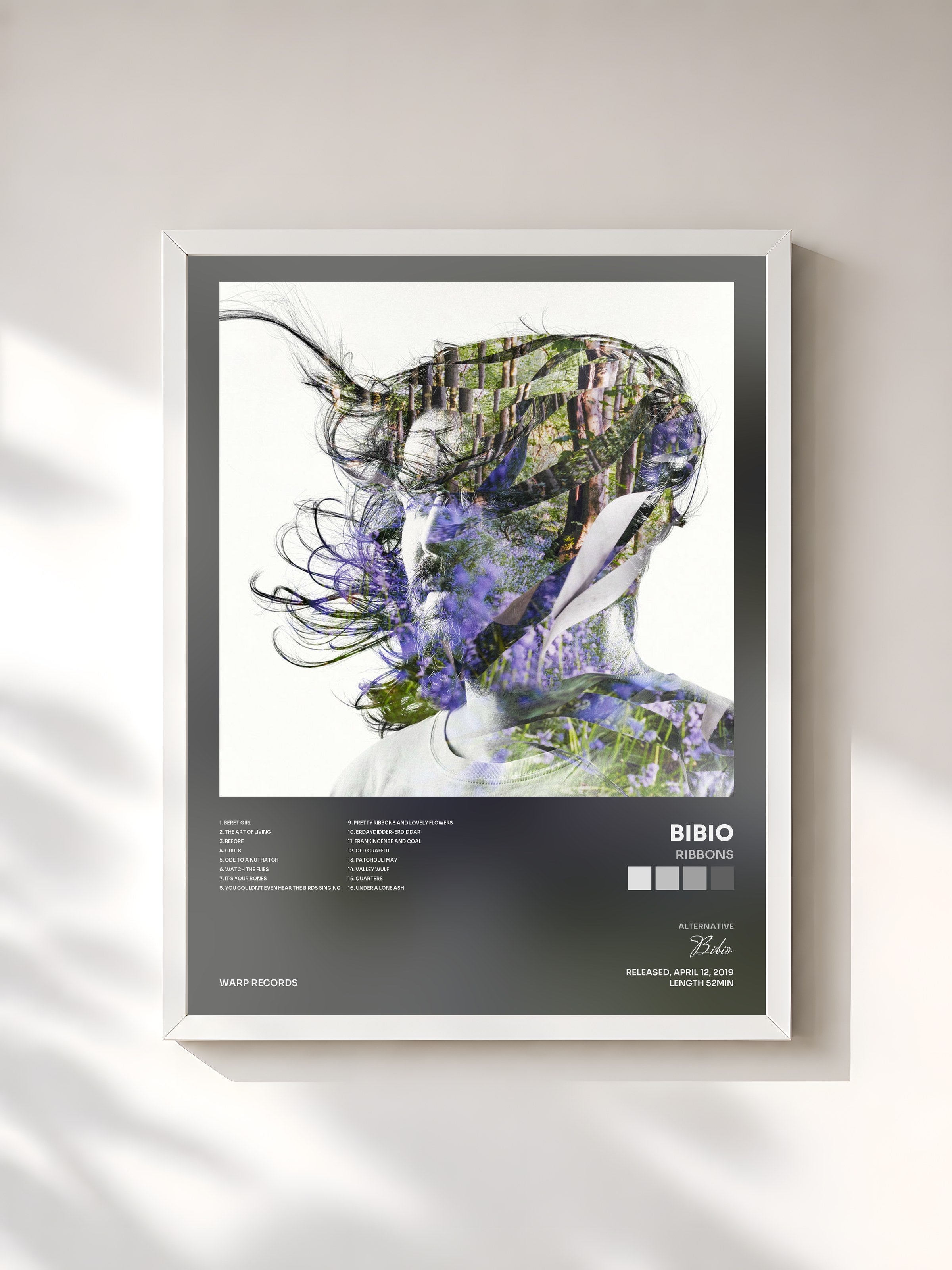 #blanc Tableau de l'album Ribbons de Bibio, cadre blanc, imprimé et encadré en France