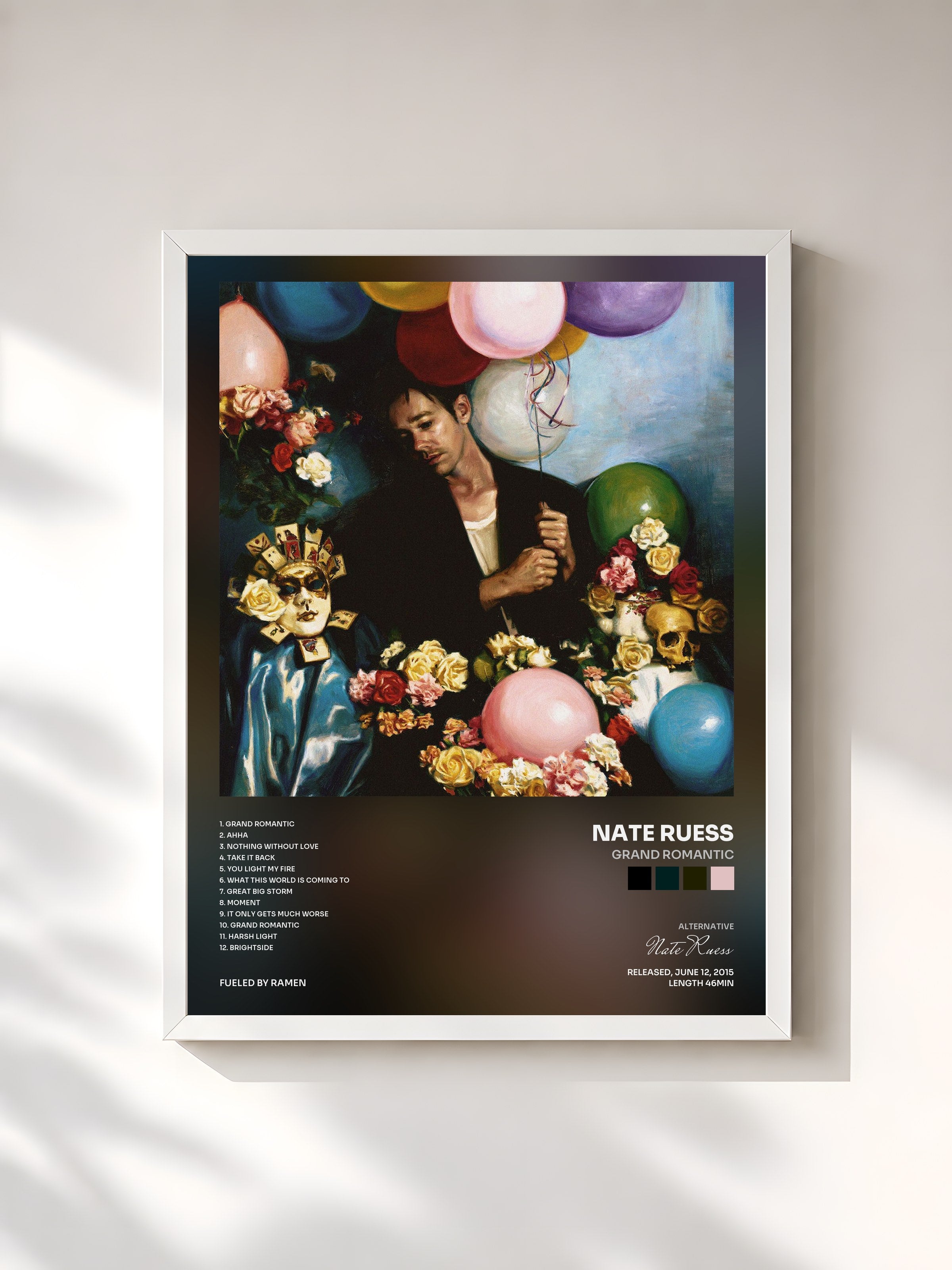 #blanc Tableau de l'album Grand Romantic de Nate Ruess, cadre blanc, imprimé et encadré en France