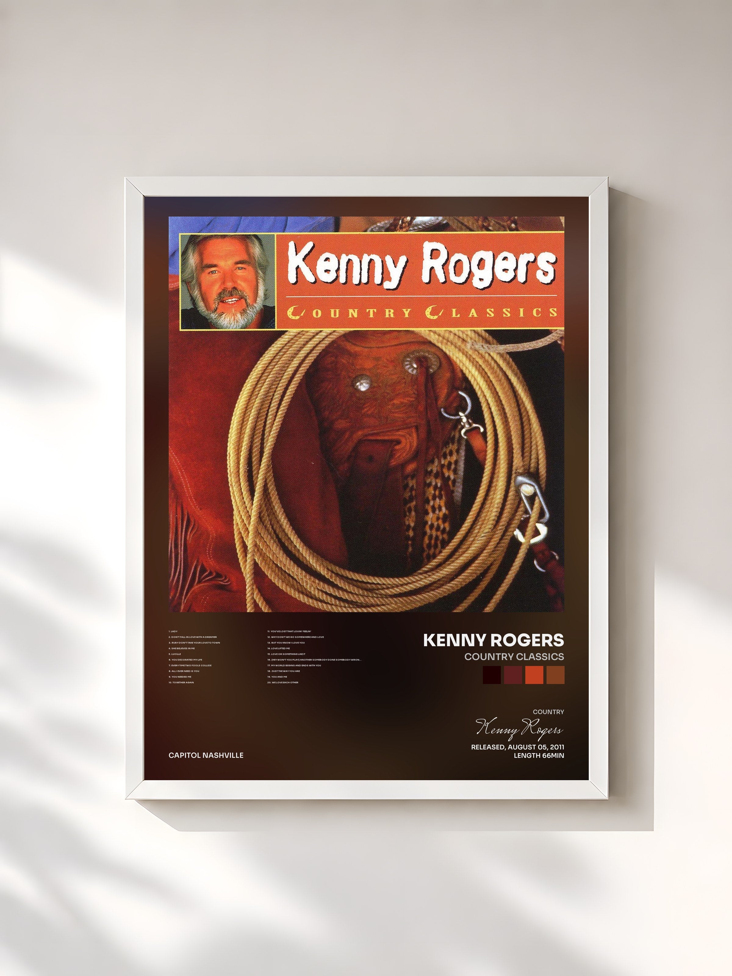 #blanc Tableau de l'album Country Classics de Kenny Rogers, cadre blanc, imprimé et encadré en France