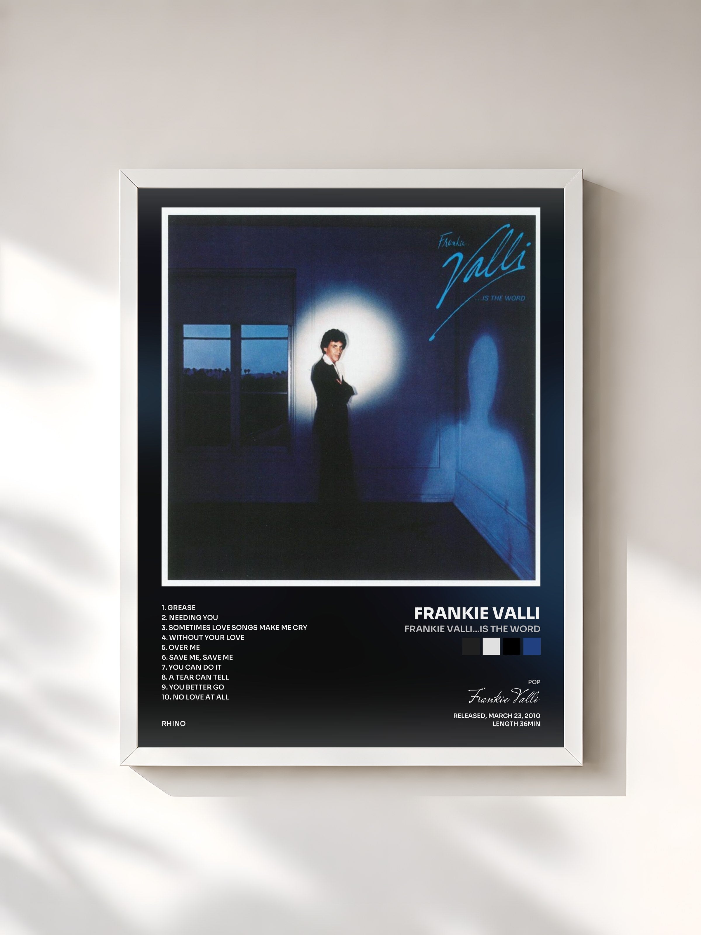 #blanc Tableau de l'album Frankie Valli...Is The Word de Frankie Valli, cadre blanc, imprimé et encadré en France