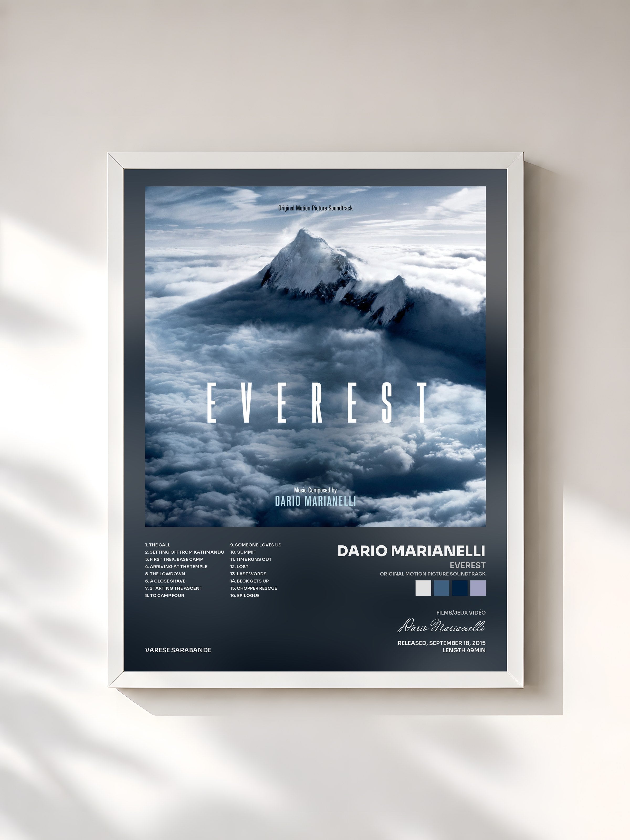 #blanc Tableau de l'album Everest (Original Motion Picture Soundtrack) de Dario Marianelli, cadre blanc, imprimé et encadré en France