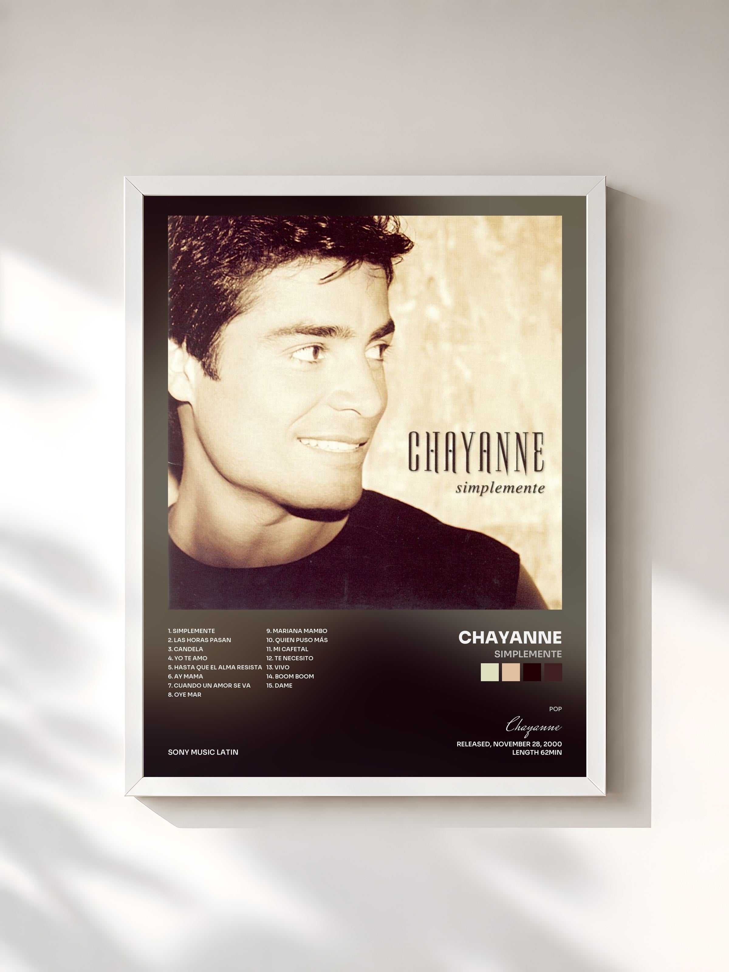 #blanc Tableau de l'album Simplemente de Chayanne, cadre blanc, imprimé et encadré en France