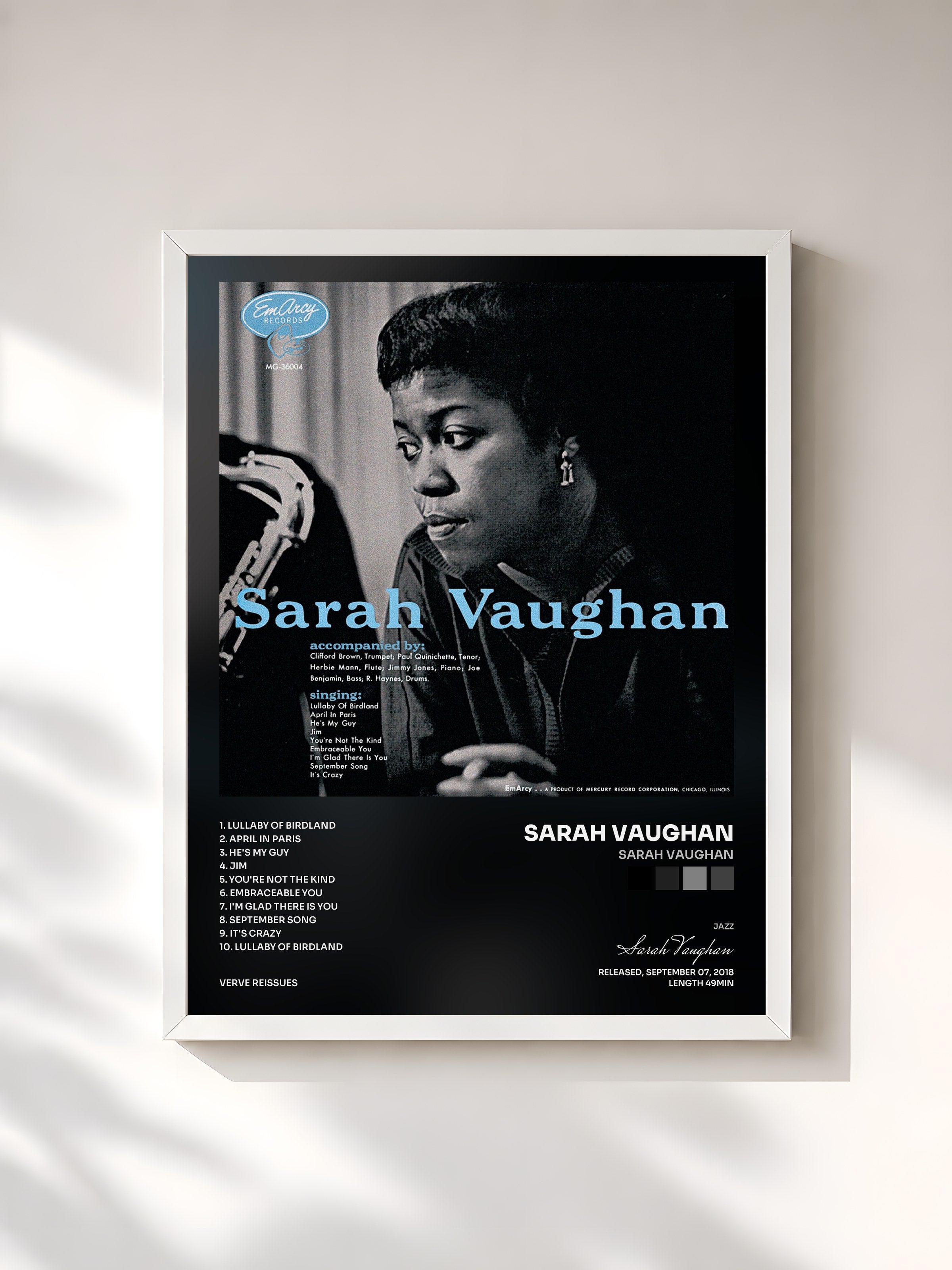 #blanc Tableau de l'album Sarah Vaughan de Sarah Vaughan, cadre blanc, imprimé et encadré en France