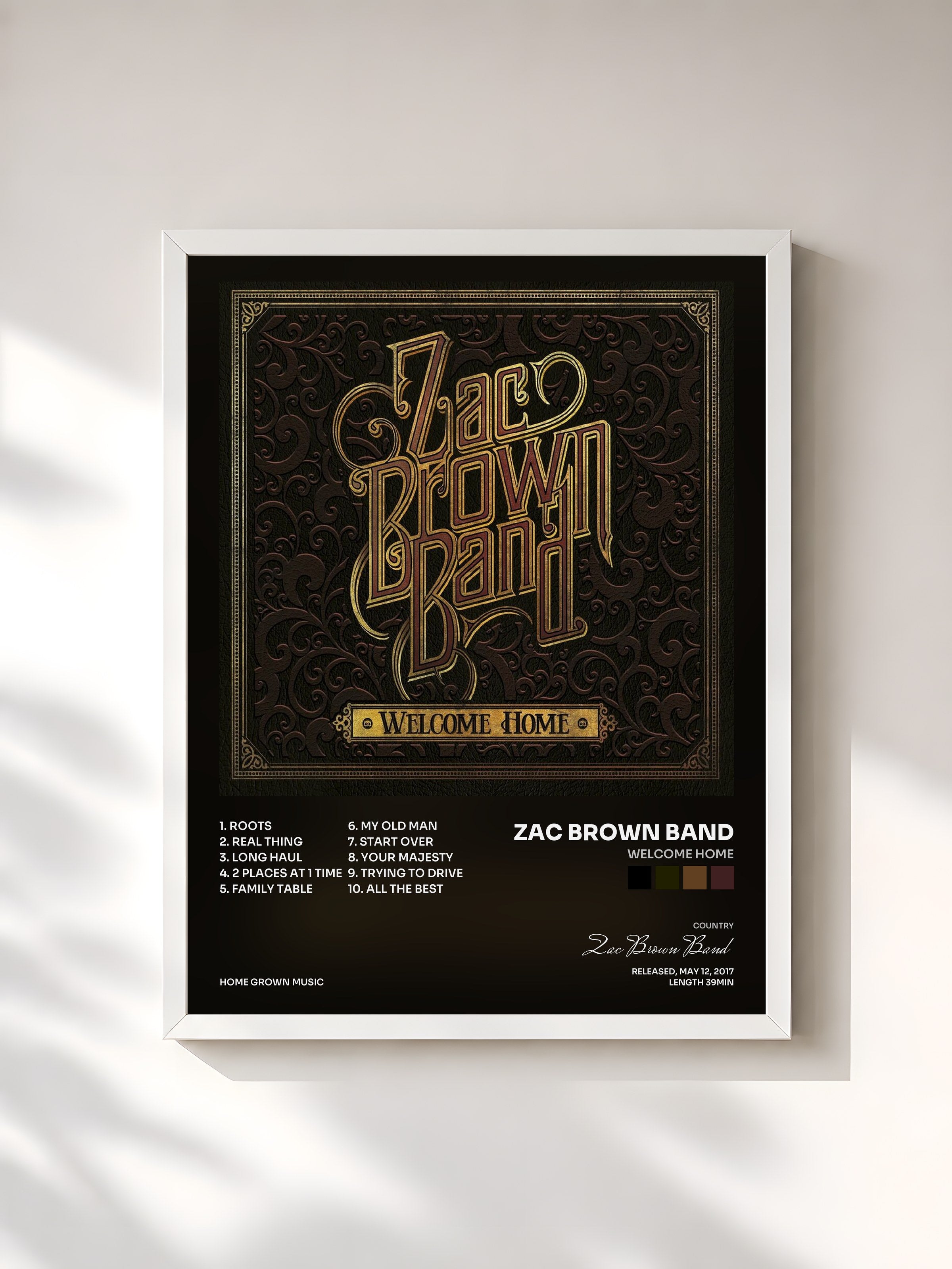 #blanc Tableau de l'album Welcome Home de Zac Brown Band, cadre blanc, imprimé et encadré en France