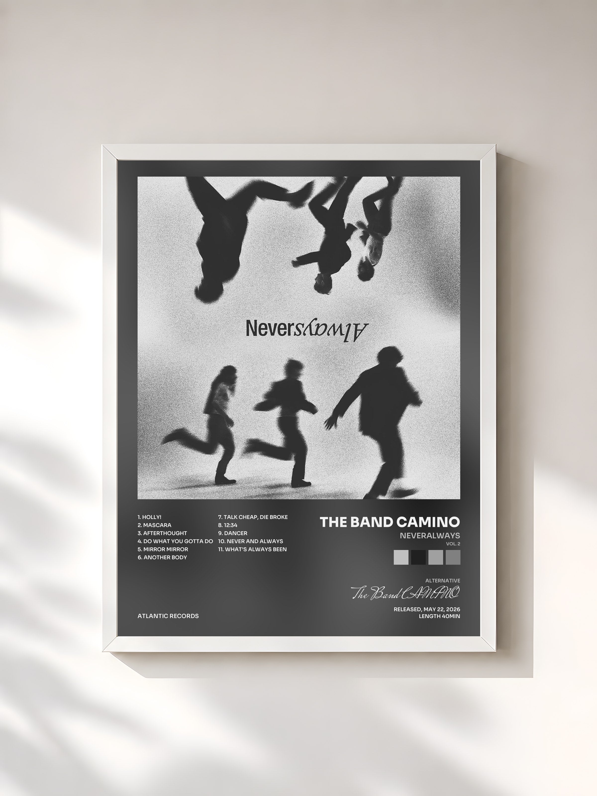#blanc Tableau de l'album NeverAlways (Vol. 2) de The Band CAMINO, cadre blanc, imprimé et encadré en France