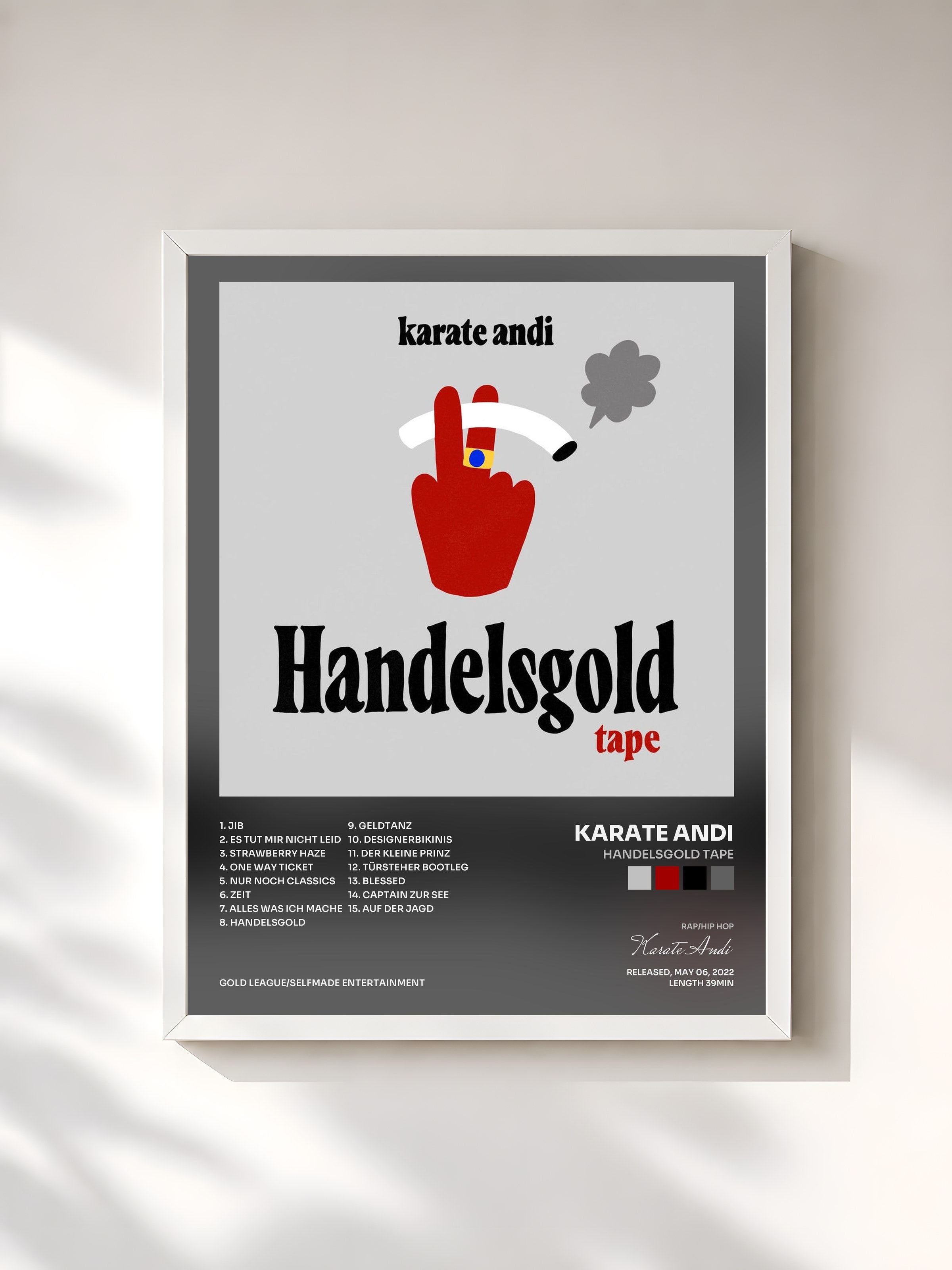 #blanc Tableau de l'album Handelsgold Tape de Karate Andi, cadre blanc, imprimé et encadré en France