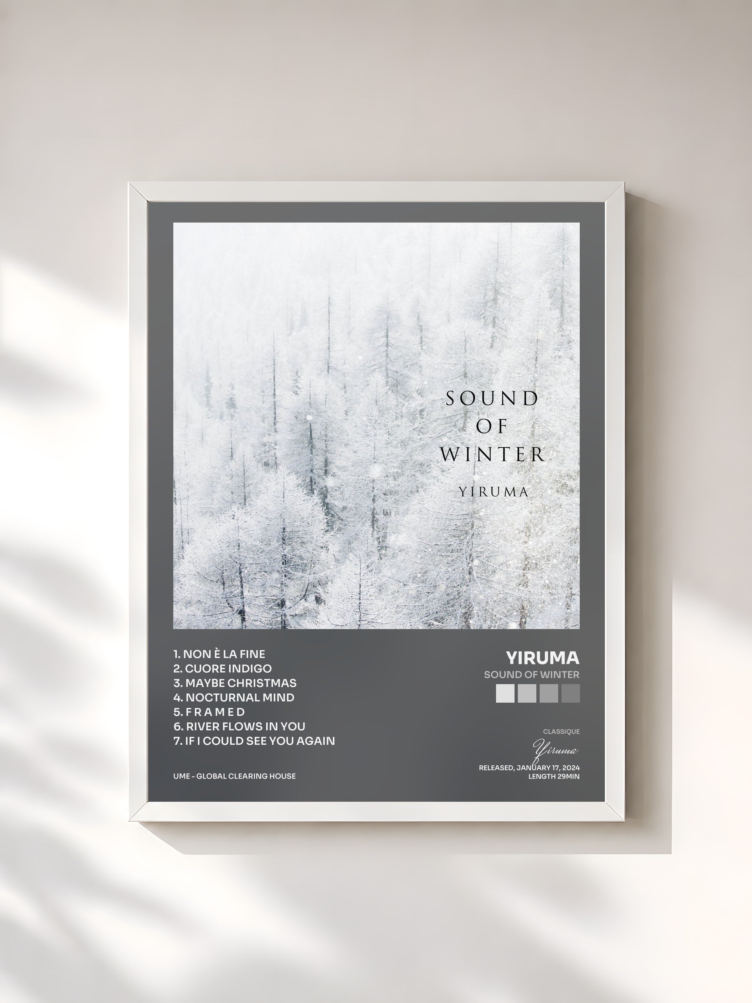 #blanc Tableau de l'album Sound Of Winter de Yiruma, cadre blanc, imprimé et encadré en France