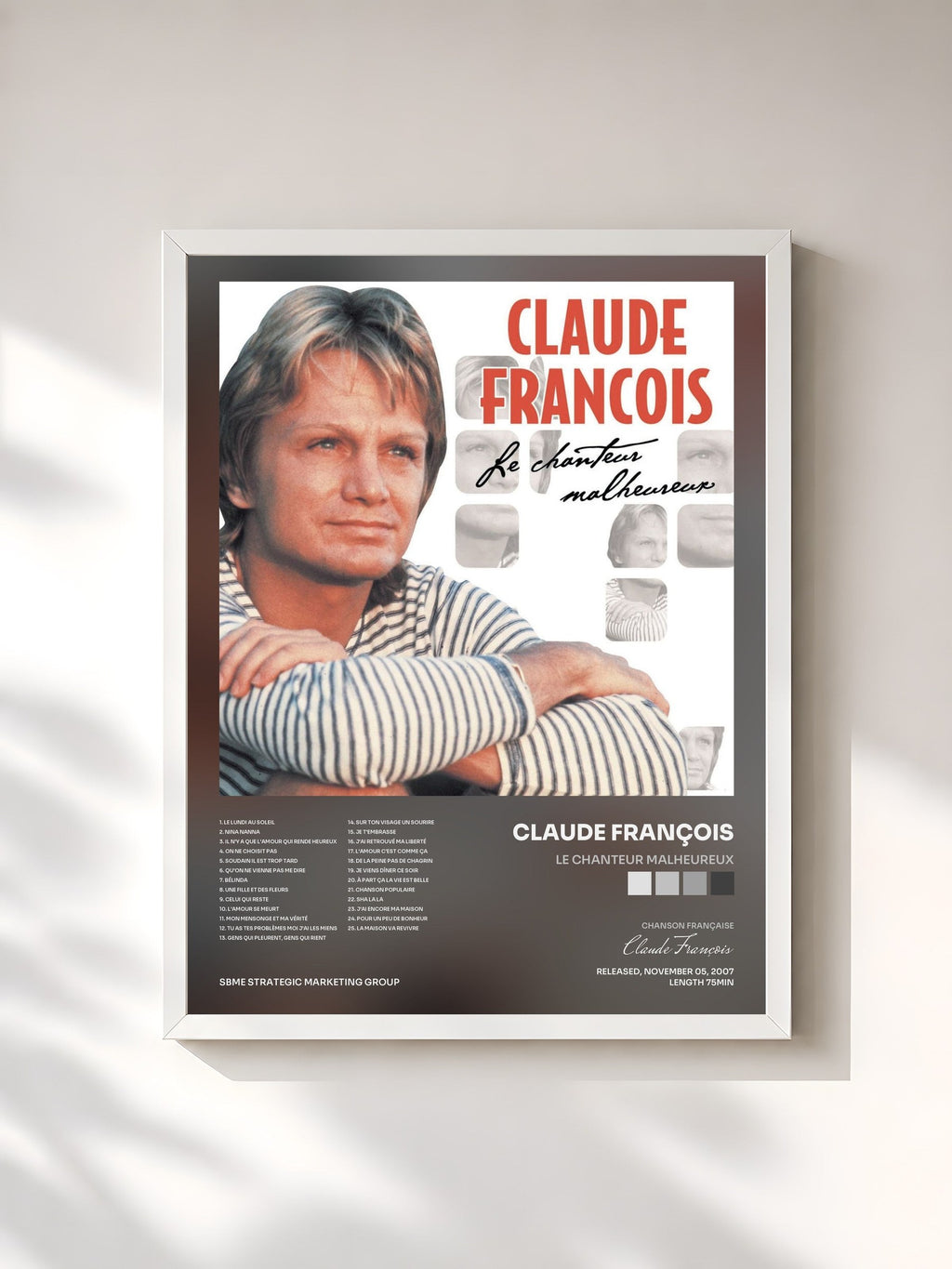 #blanc Tableau de l'album Le Chanteur Malheureux de Claude François, cadre blanc, imprimé et encadré en France
