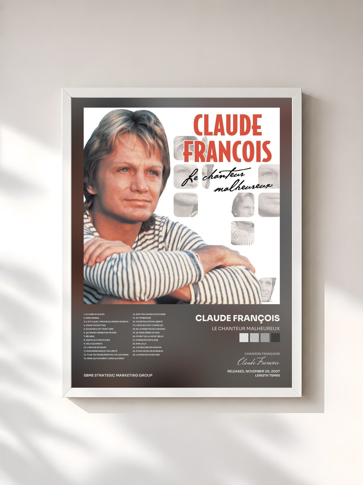 #blanc Tableau de l'album Le Chanteur Malheureux de Claude François, cadre blanc, imprimé et encadré en France