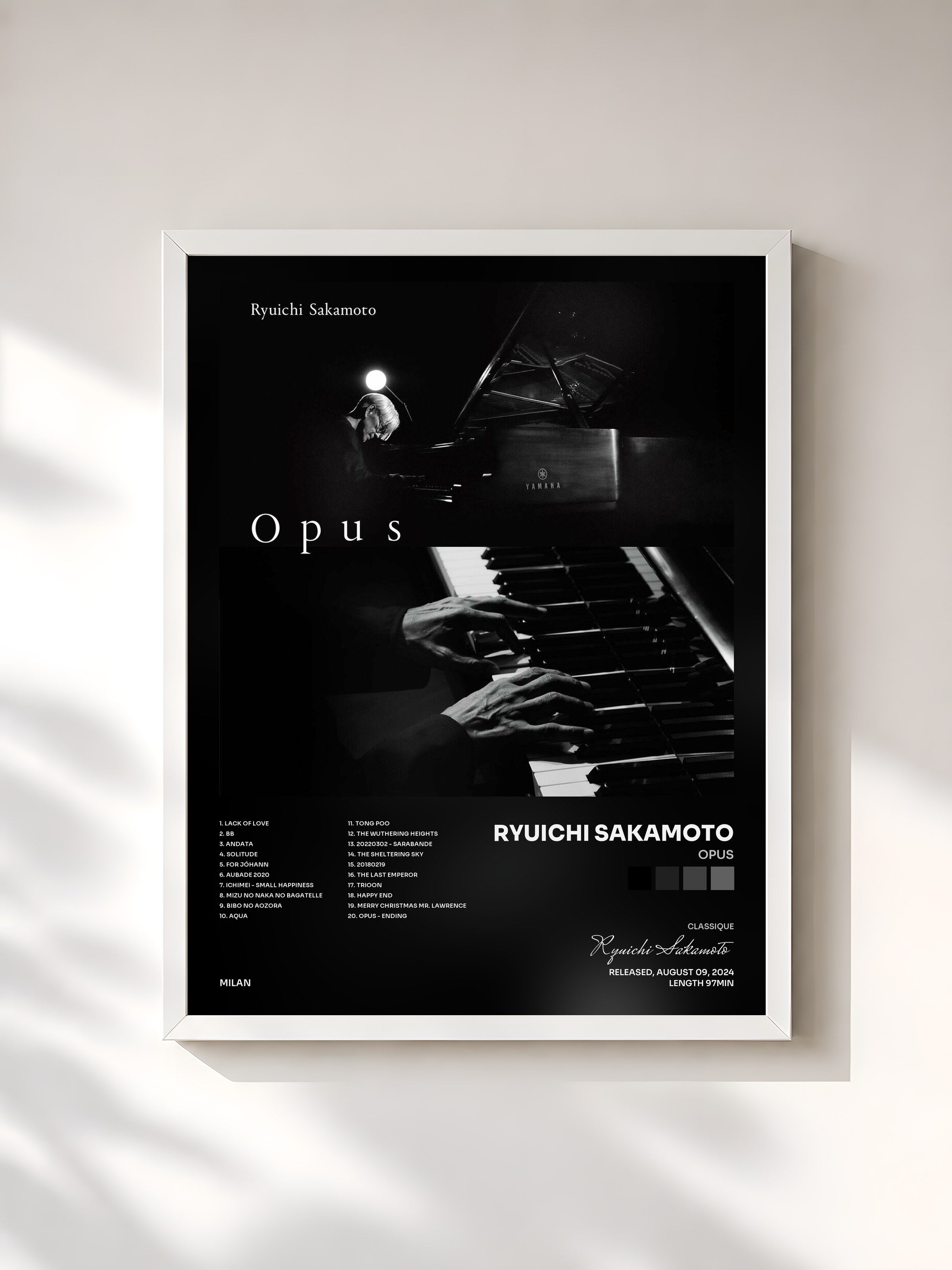 #blanc Tableau de l'album Opus de Ryuichi Sakamoto, cadre blanc, imprimé et encadré en France