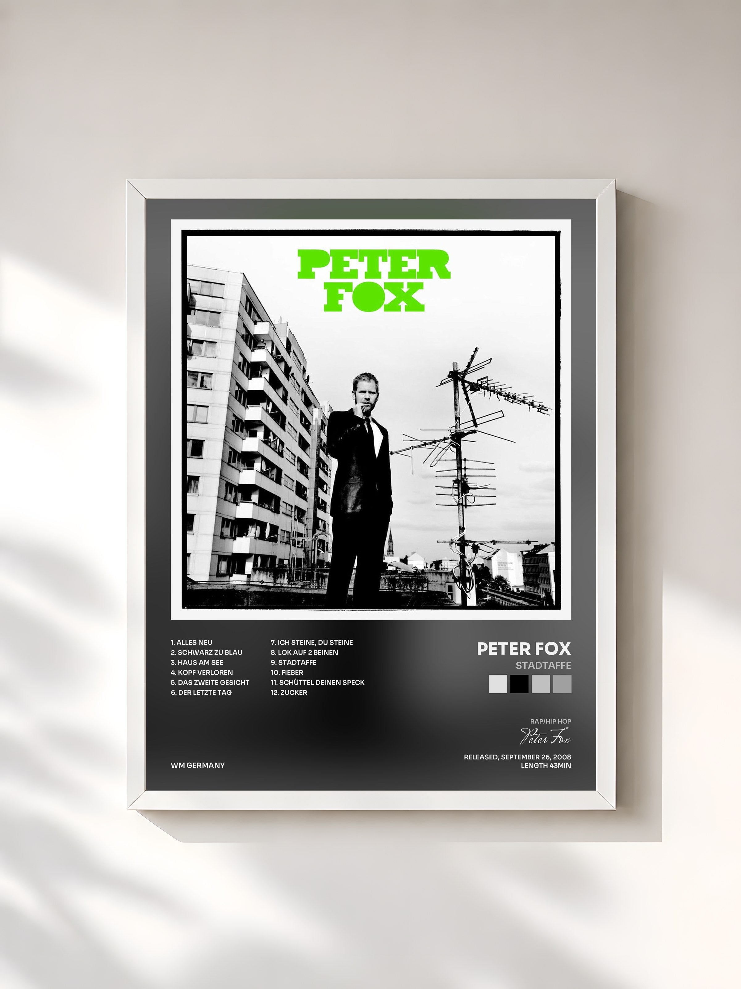 #blanc Tableau de l'album Stadtaffe de Peter Fox, cadre blanc, imprimé et encadré en France