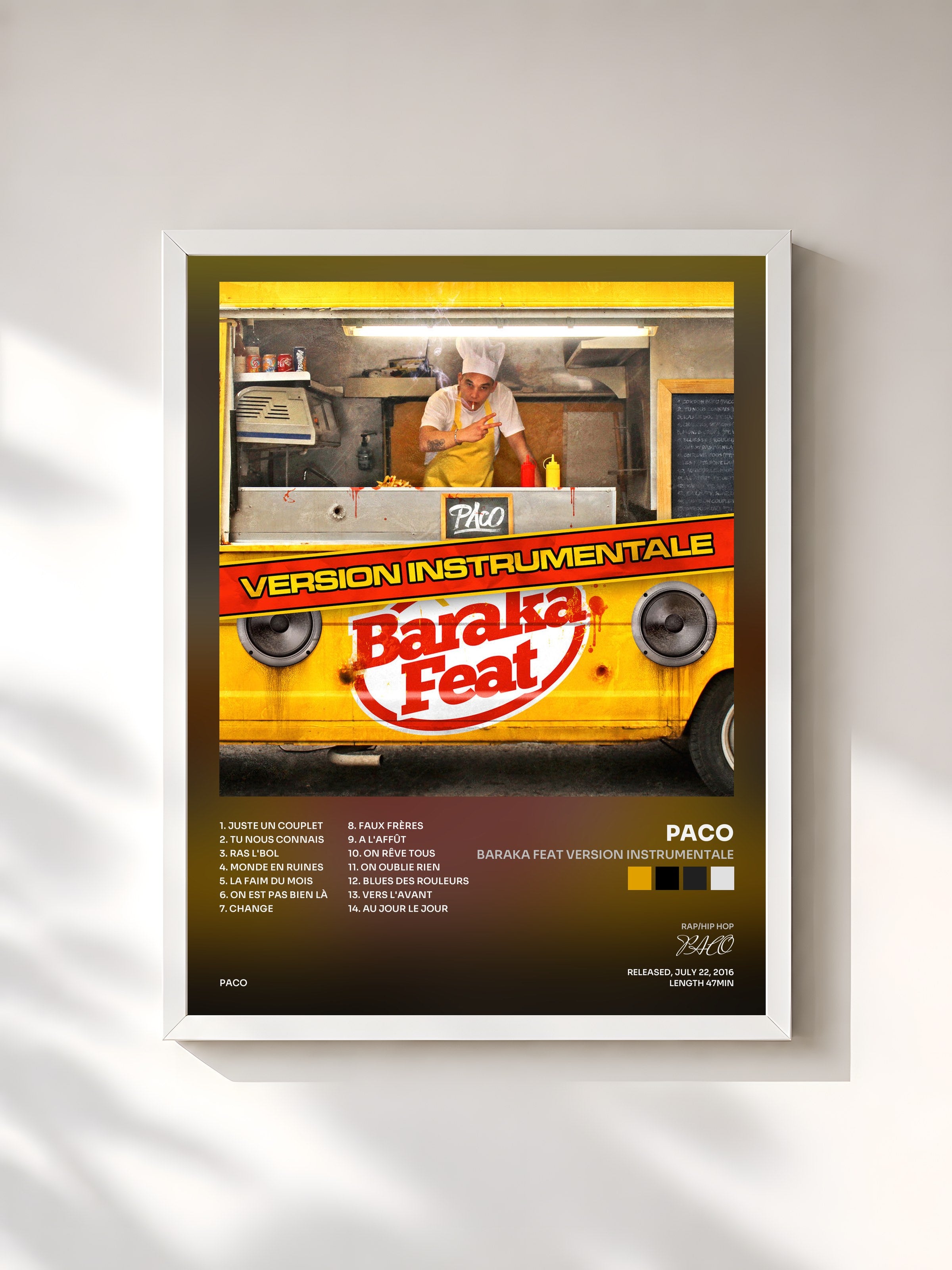 #blanc Tableau de l'album Baraka Feat Version Instrumentale de PACO, cadre blanc, imprimé et encadré en France