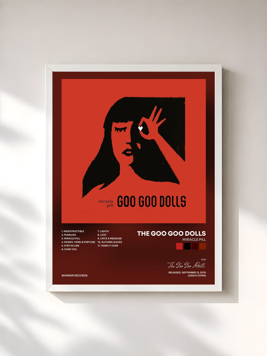 #blanc Tableau de l'album Miracle Pill de The Goo Goo Dolls, cadre blanc, imprimé et encadré en France