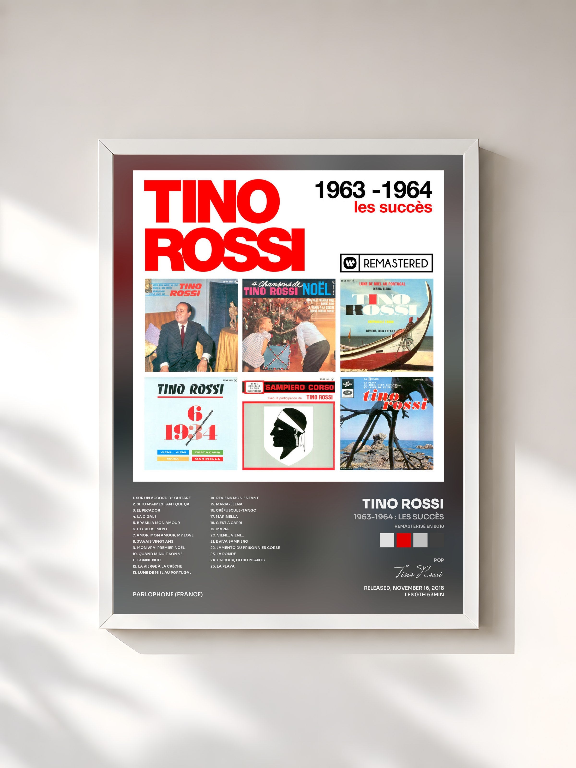 #blanc Tableau de l'album 1963-1964 : Les succès (Remasterisé en 2018) de Tino Rossi, cadre blanc, imprimé et encadré en France