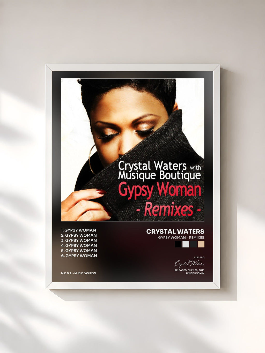 #blanc Gypsy Woman - Remixes by Crystal Waters as a framed art print, white frame, printed and framed in France