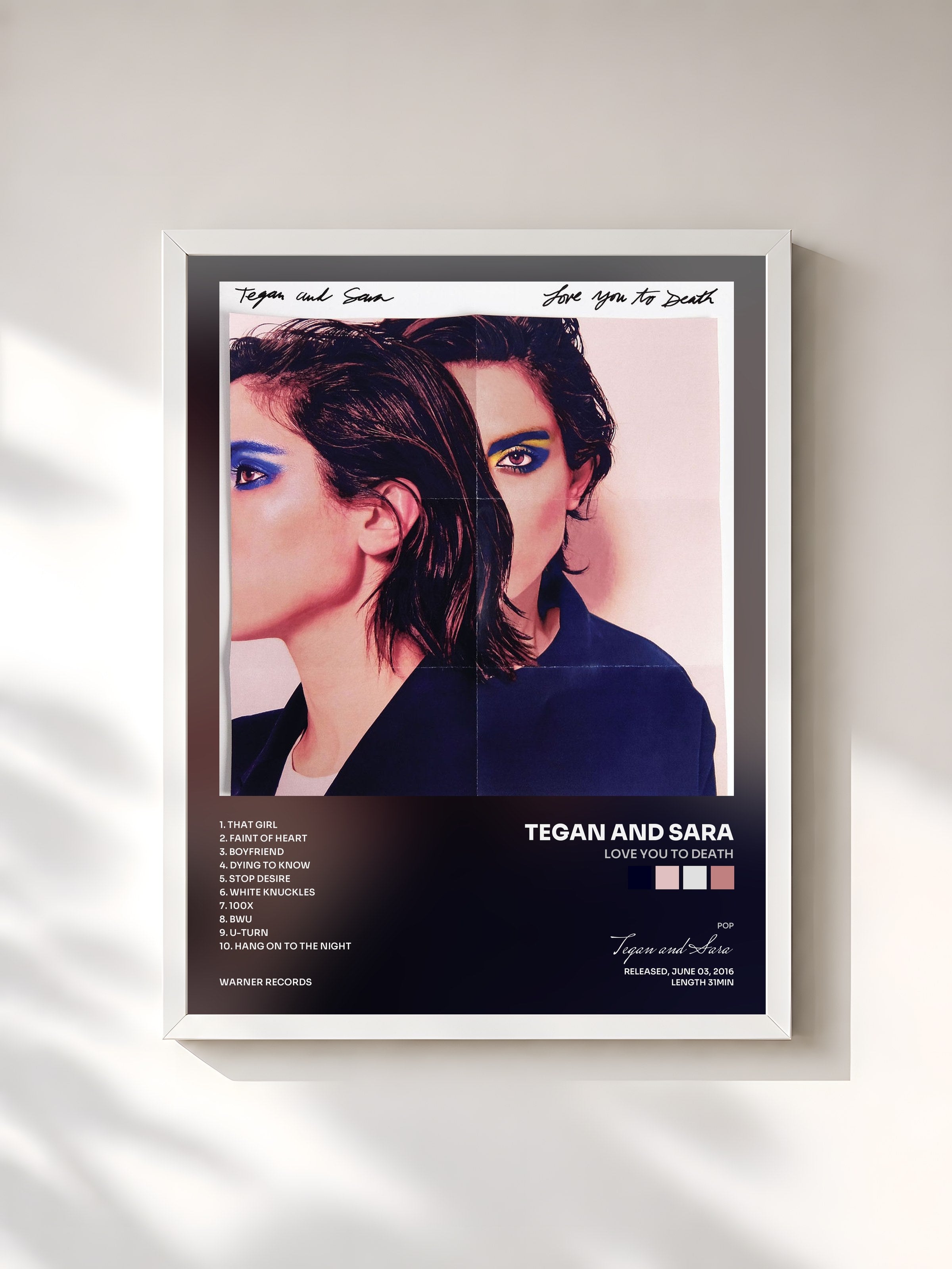 #blanc Tableau de l'album Love You to Death de Tegan and Sara, cadre blanc, imprimé et encadré en France